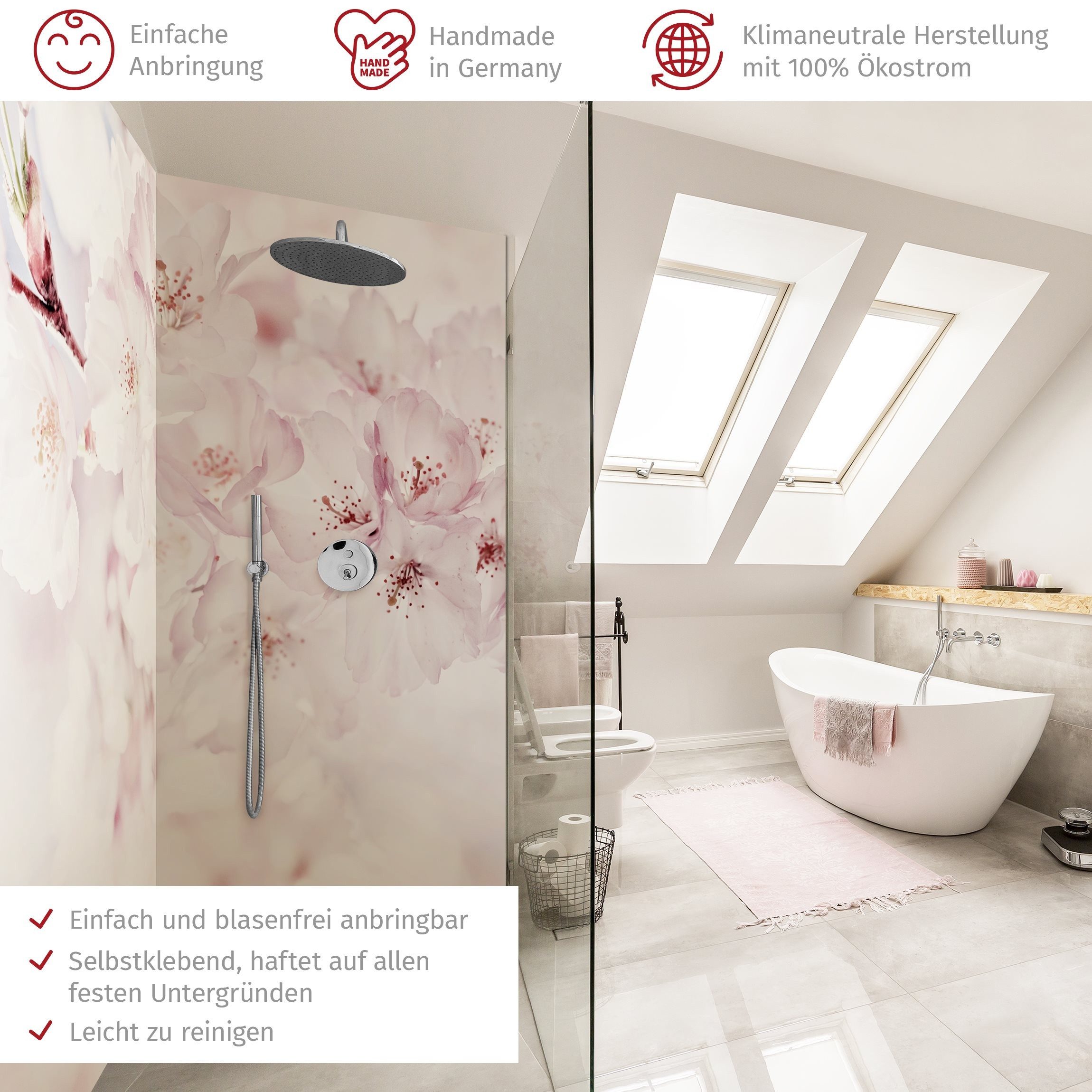 Thumbnail - Bilderdepot24 Badrückwand Blumen rosa Duschrückwand ohne Bohren Dusche Landhaus, (2-tlg., Hart-Folie Smart matt 0,35 mm)...