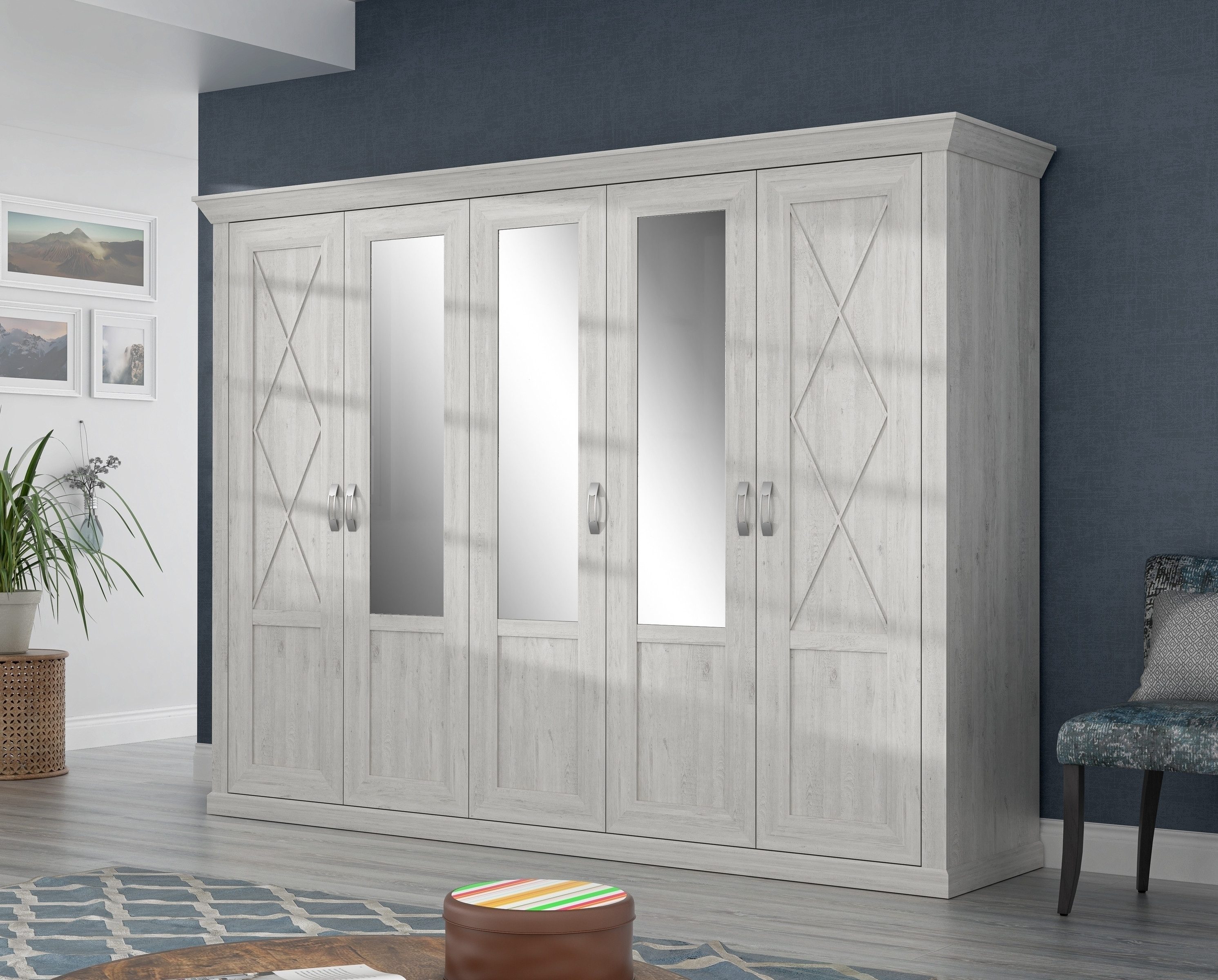 freiraum Drehtürenschrank KASHMIR 5 Türen, 6 Böden, Spiegel, in Pinie Weiss - 268,3x204,9x65cm (BxHxT)