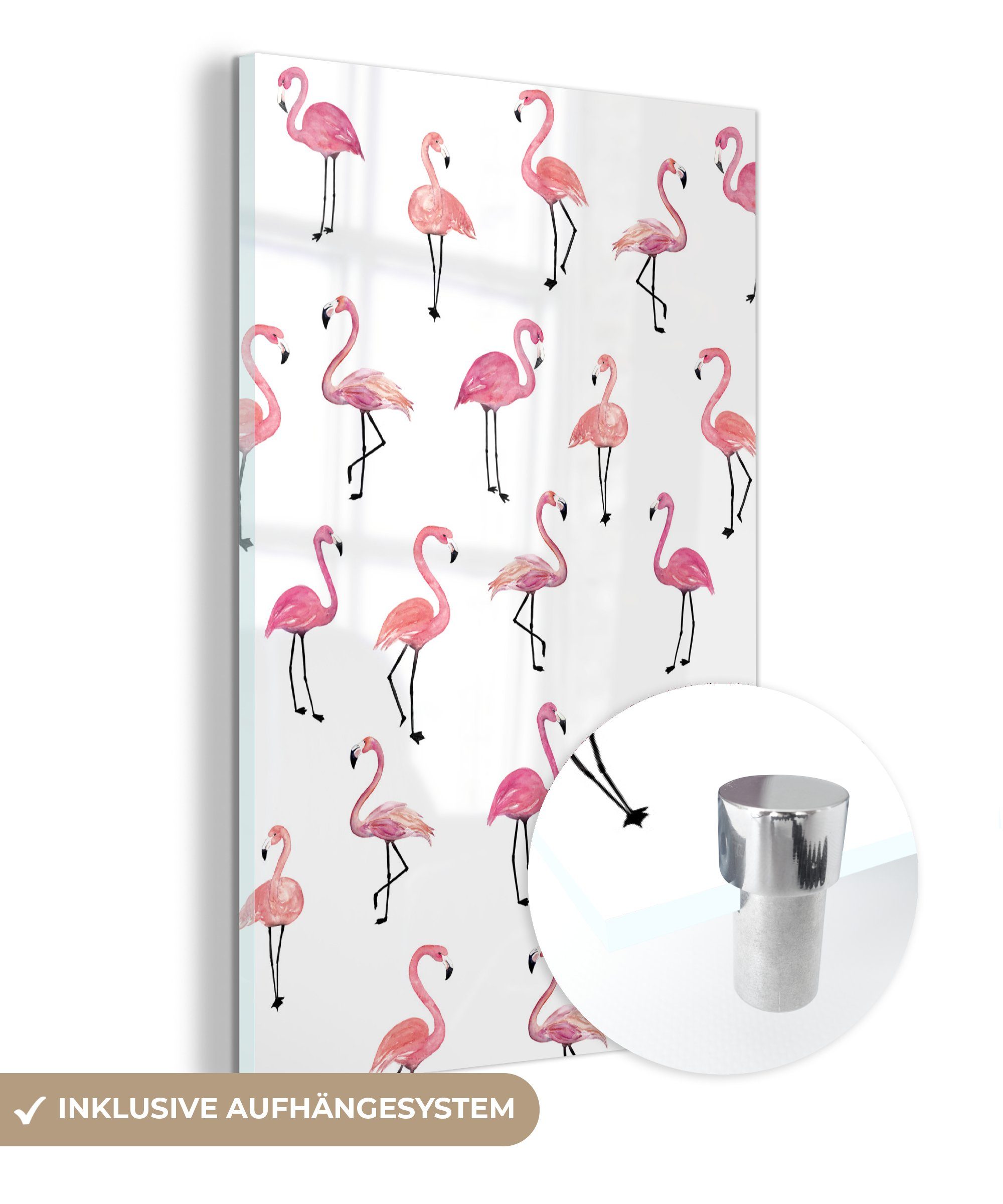 auf Wandbild - - Wanddekoration Glasbilder Flamingo Familie, Acrylglasbild Foto St), Glas MuchoWow Bilder - - Rosa bunt auf - Glas (1