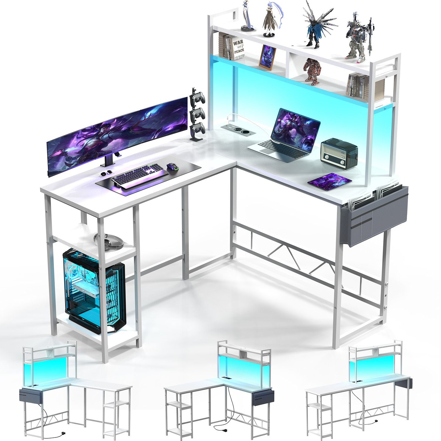 HOMALL Gamingtisch Schreibtisch mit LED und USB L-förmiger Ecktisch 140 * 120cm