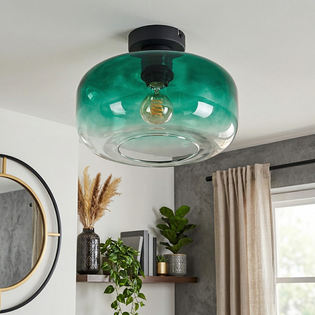 hofstein Deckenleuchte Deckenlampe aus Metall/Glas in Schwarz/Dunkelgrün/Klar, ohne Leuchtmittel, Deckenleuchte im Retro/Vintage-Design, Ø 28 cm, Höhe 17 cm, E27