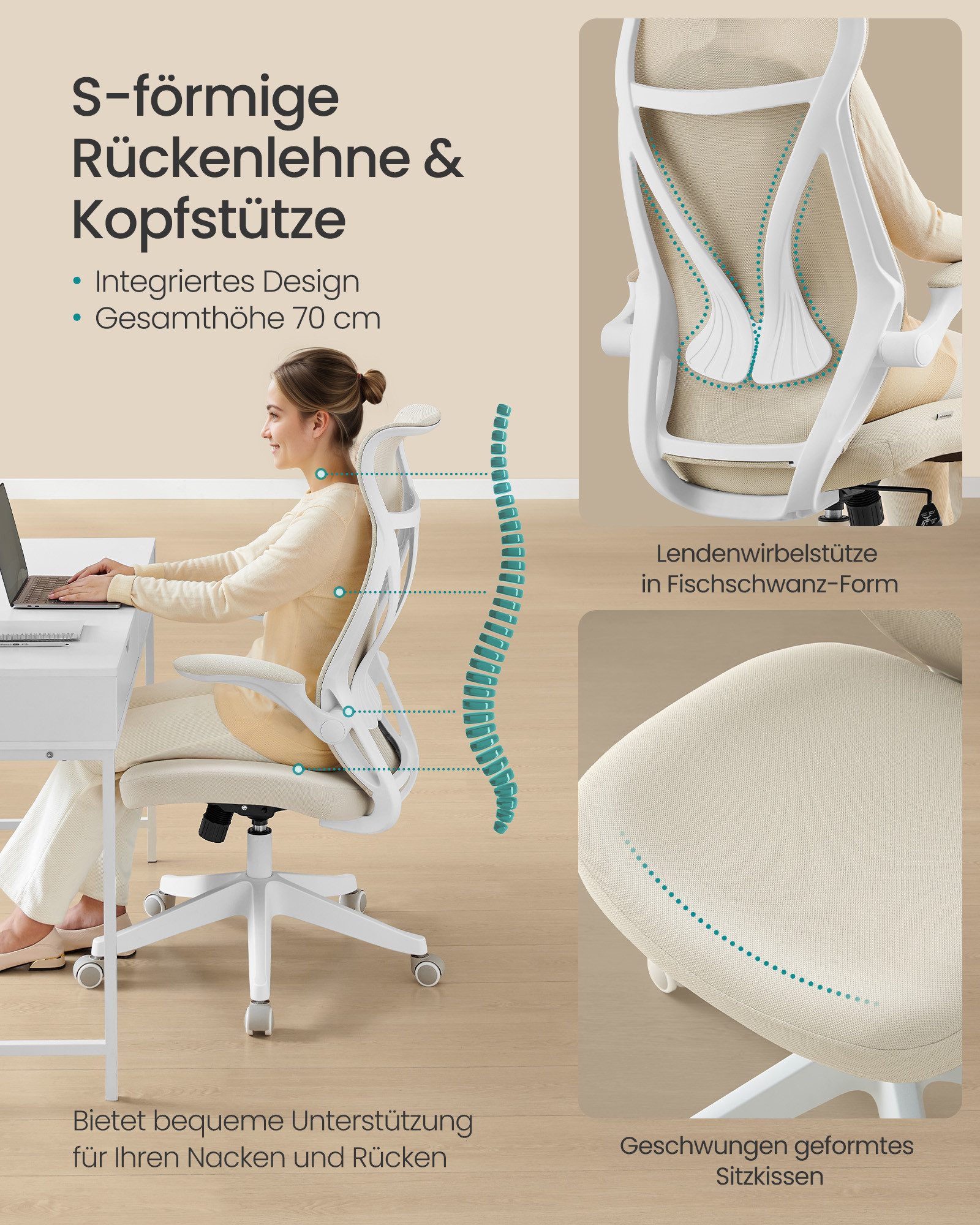 SONGMICS Bürostuhl, Schreibtischstuhl, ergonomische Rückenlehne, hochklappbare Armlehnen