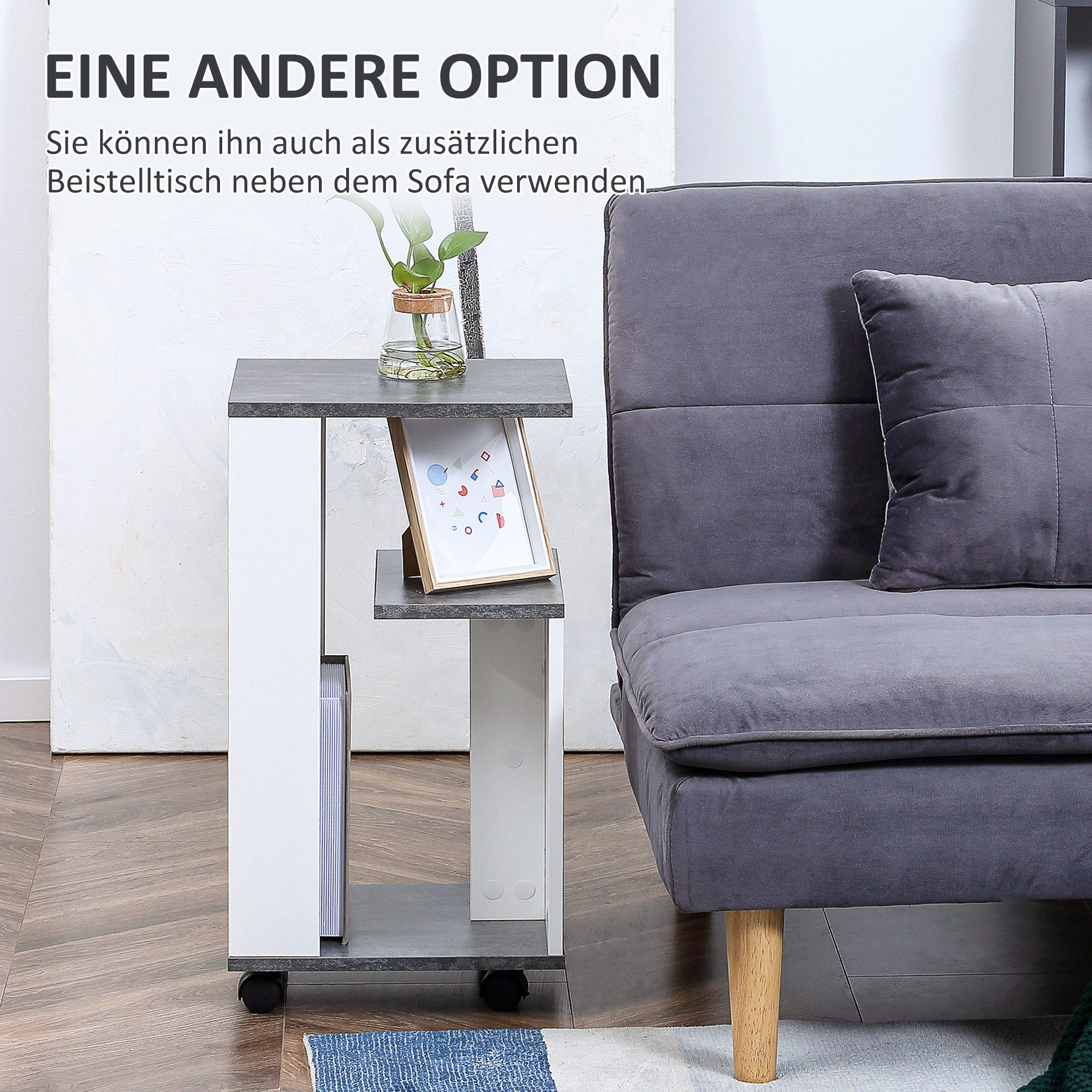 HOMCOM Nachttisch Beistelltisch mit Rollen Couchtisch modern Design mit 3 Regalen (Sofatisch, 1-St., Kaffeetisch), für Schlafzimmer Wohnzimmer Grau Weiß 35 x 29 – Bild 4 von 5