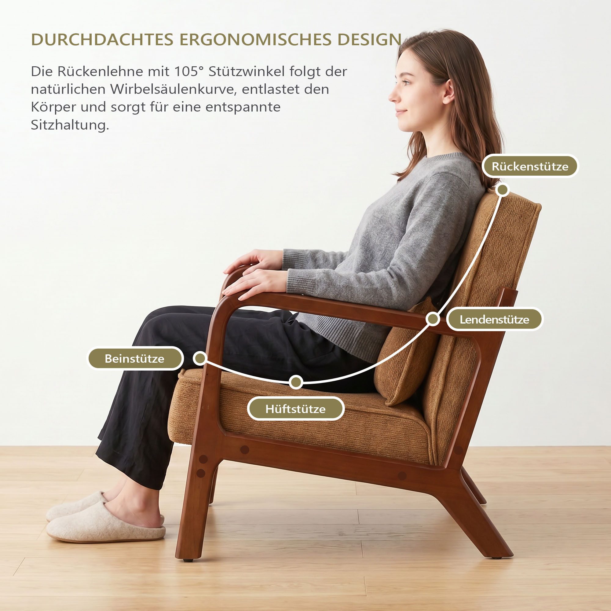 GRAVFORCE Ohrensessel mit Lendenkissen fur Wohnzimmer Chenille-Bezug Grün (1-St), Ergonomischer Sitzkomfort – Bild 4 von 5