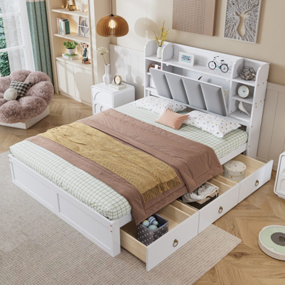 Polsterbett Doppelbett, Offenes Regal, Drei Schubladen mit Rollen