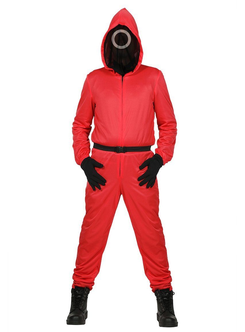 Metamorph Kostüm Squid Game Aufseher Overall Faschingskostüm Kinder, Roter Kinderoverall mit eingearbeiteter Maske der Aufseher aus der kor