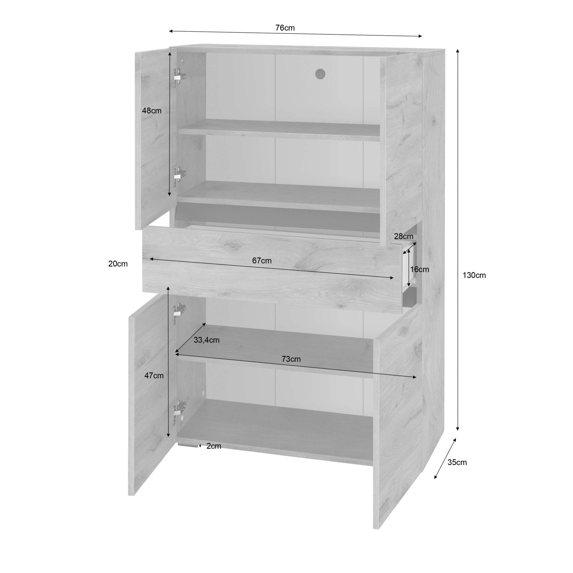 Home affaire Midischrank Wisla mit 4 Türen & 1 Schublade, Breite 76 cm, Höhe 130 cm