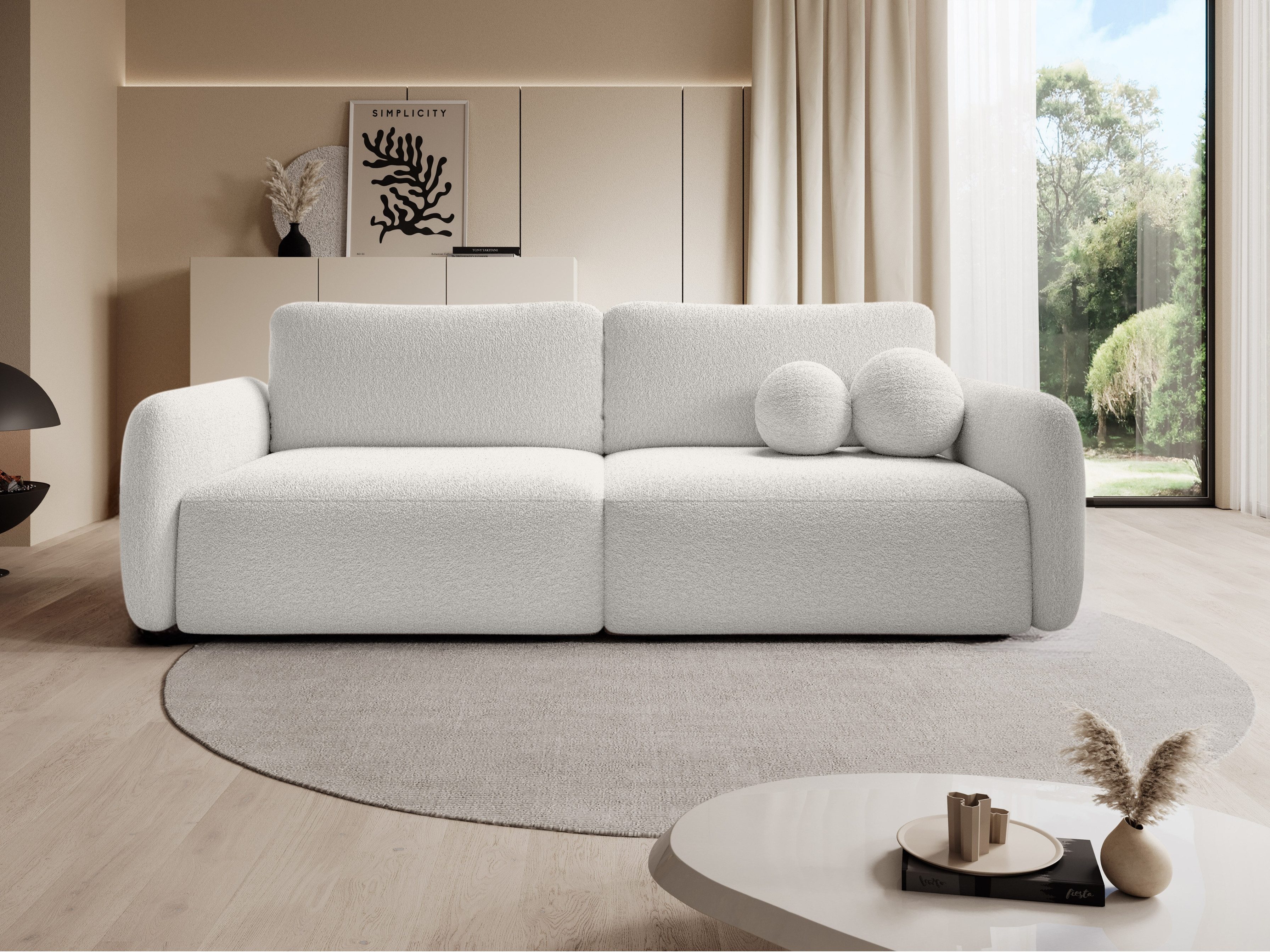 Goldstoff Schlafsofa Boo mit Bouclé-Stoff, Dekorative runde Kissen, ausziehbare Liegefläche