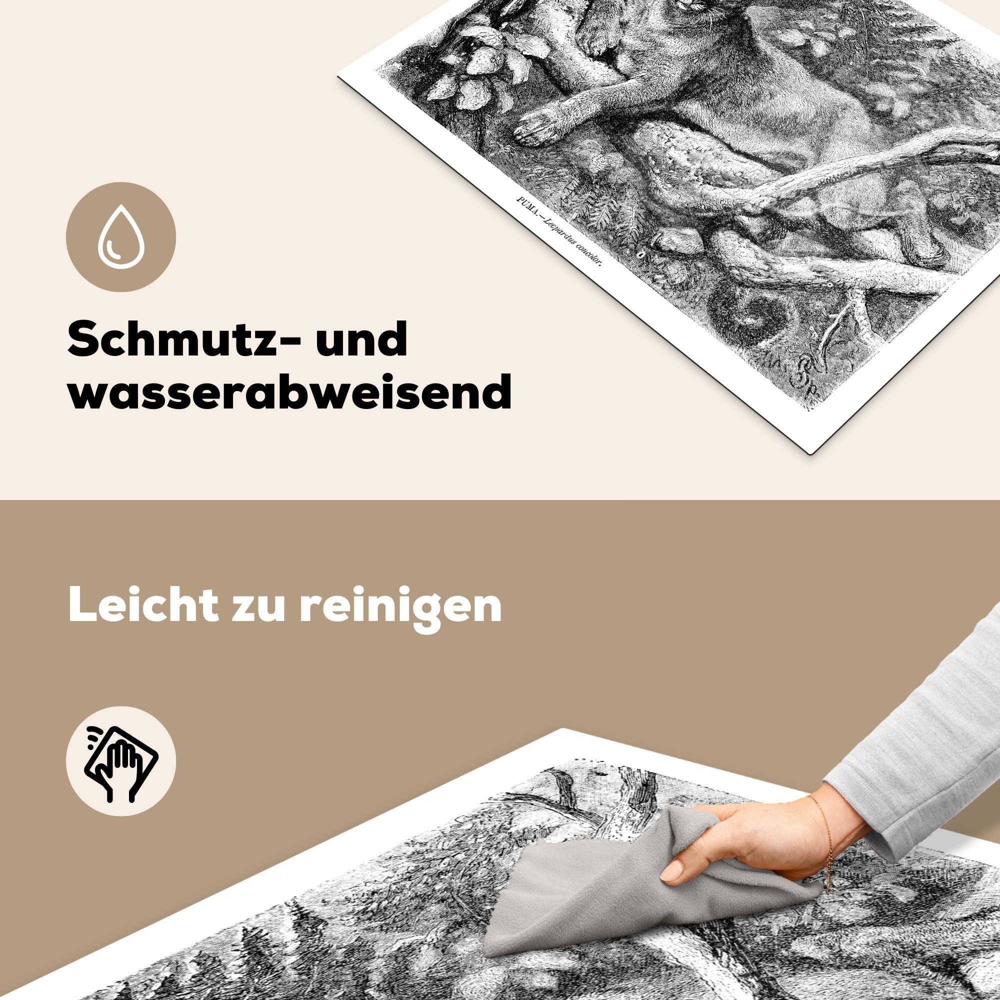 schwarz-weiß, Herdblende-/Abdeckplatte 70x52 Baum tlg), eines cm, Vinyl, einem Mobile Pumas Ceranfeldabdeckung nutzbar, Arbeitsfläche (1 in Illustration Eine in MuchoWow