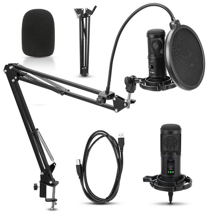 Clanmacy Mikrofon Mikrofon Set USB Podcast Mikrofon Set mit Mikrofonarm Spinne & Popschutz Kondensatormikrofon Lärmminderung 360 Grad drehen Schwarz