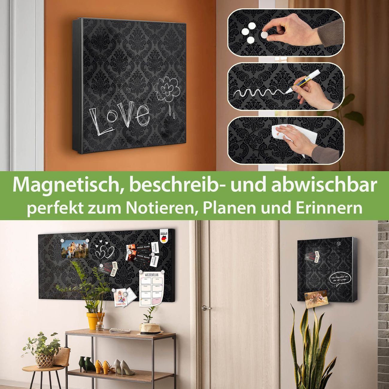 banjado Schlüsselkasten aus Metall mit Motiv Black Deluxe (Stahl Gehäuse, mit 32 Haken, beschreibbar & magnetisch), 30 x 30 x 5 cm