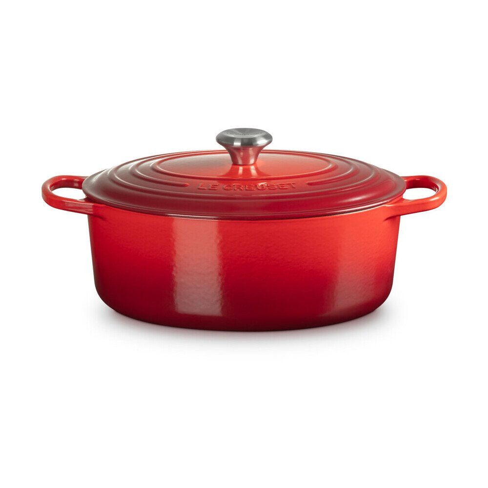 LE CREUSET Bräter Bräter mit Deckel 31 cm Signature Kirschrot, Emailliertes Gusseisen, ovaler Schmortopf, Cocotte, Bratentopf, ca. 6-7 Pers., Ø31cm, rot