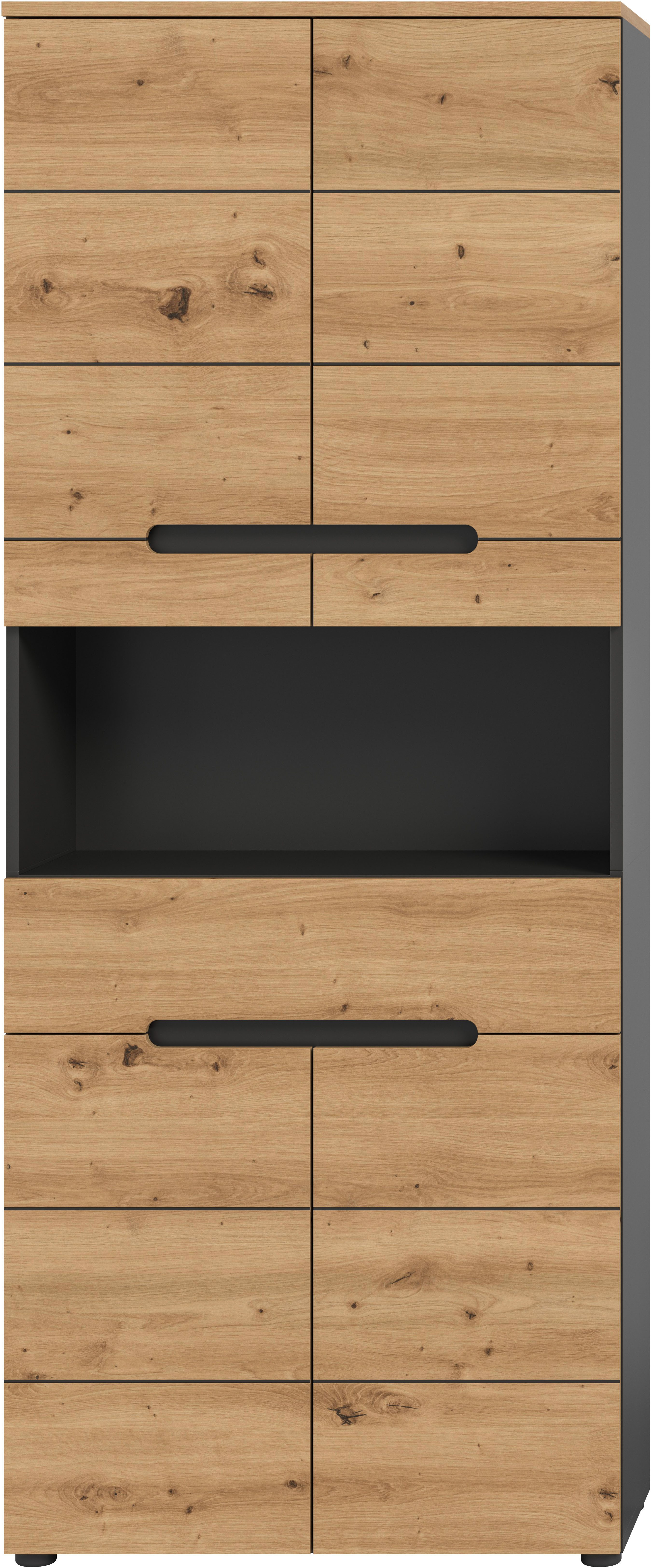 welltime Hochschrank REHAT, Türen mit Soft-Close, eingefasste Griffaussparung in der Front BxHxT: 76x193x34 cm, 4 Türen, 5 Fächer, 1 Schubkasten