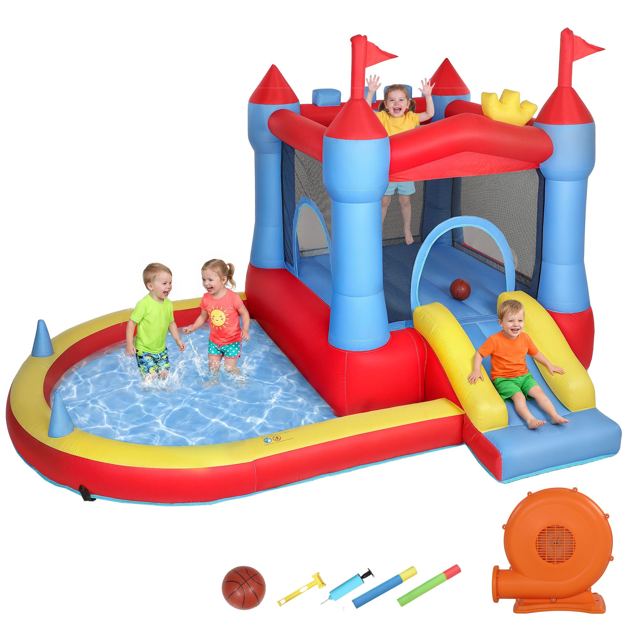 AIYAPLAY Hüpfburg mit Gebläse Rutsche Trampolin Planschbecken/Bällebad Basketballkorb, (Bouncy Castle, 1-tlg., Aufblasbar Spielcenter), für 3-8 Jahre Kinder für Indoor & Outdoor 342x255x209 cm Blau