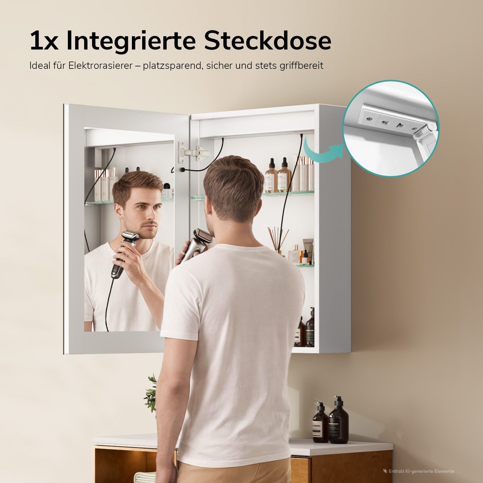 EMKE Spiegelschrank bad mit beleuchtung Badezimmerspiegelschrank Touch (1 türig) (Touch Schalter) mit Ablage und Steckdose, 3 Lichtfarben Dimmbar Antibeschlag – Bild 4 von 5