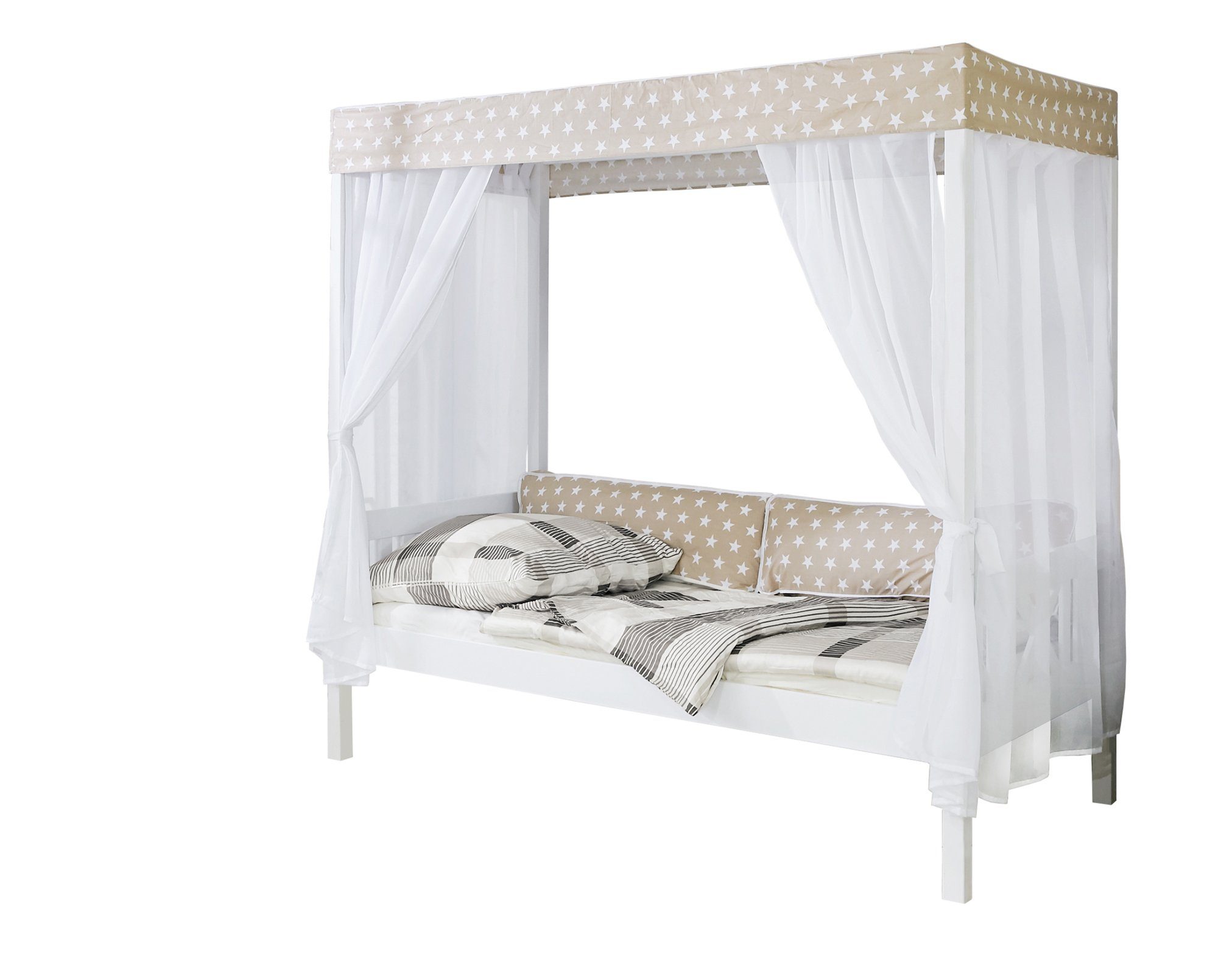 Ticaa Himmelbett Himmelbett "Beige" 310 Kiefer Weiß (Beige/Weiß (Set, Himmelbett inkl. Tüll und optionalem Stauraum), Himmelbett mit Stoff-Set, Himmelbett abnehmbar