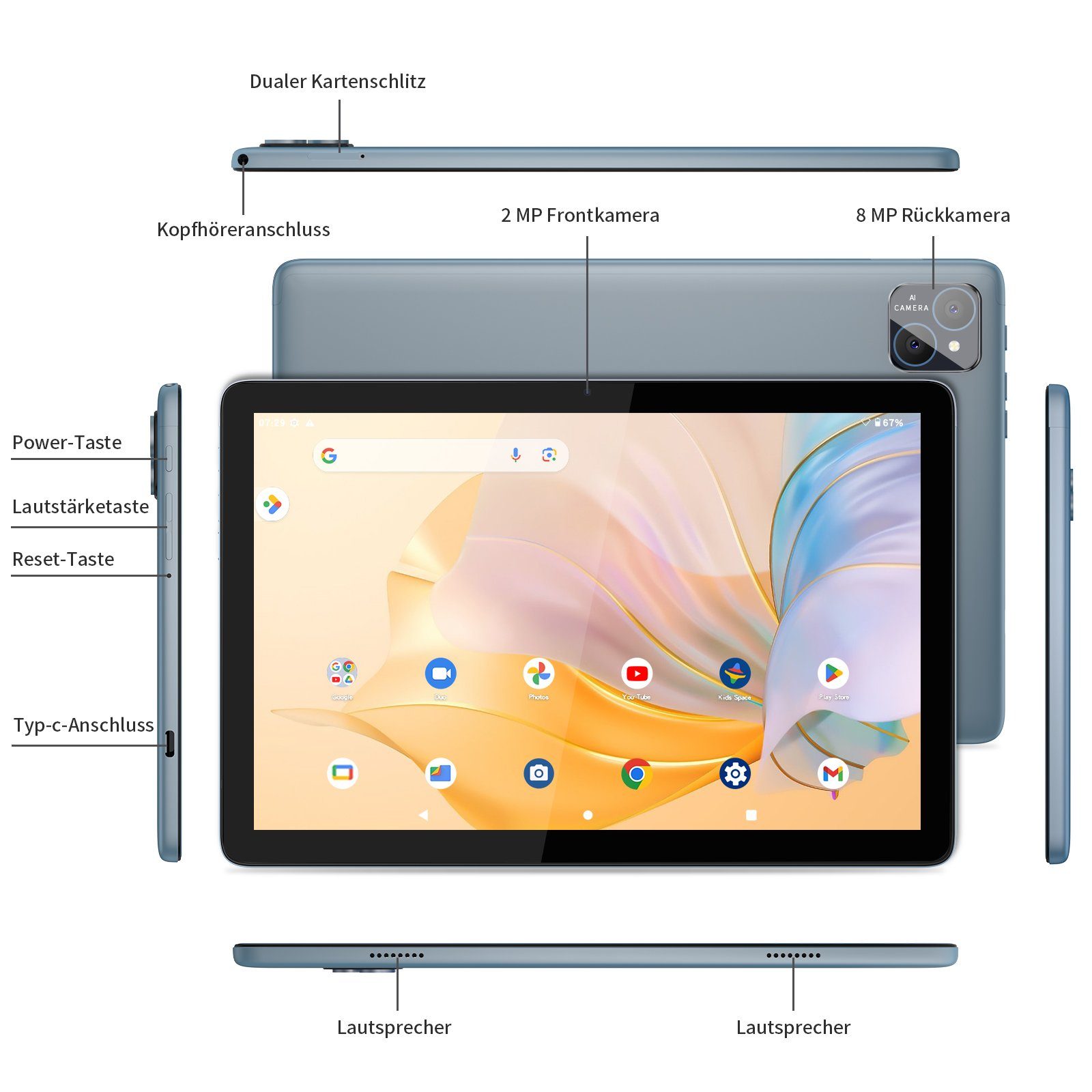 VASOUN IPS-LCD-Tablet, 4G RAM, 128G ROM, Tablet (10", Android 13, Octa-Core-CPU, Grau)