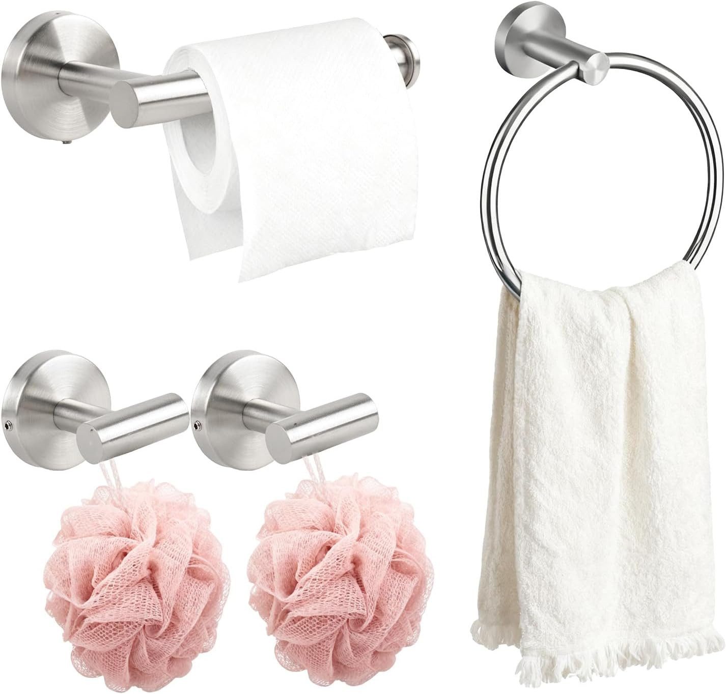 BlingBin Badaccessoire-Set Edelstahl 4 tlg Handtuchhalter mit Toilettenpapierhalter und 2 Haken, 4er Set, 4 tlg., 4, Wandmontage,stabiles Badezimmerzubehör für Zuhause oder Küche, Silber