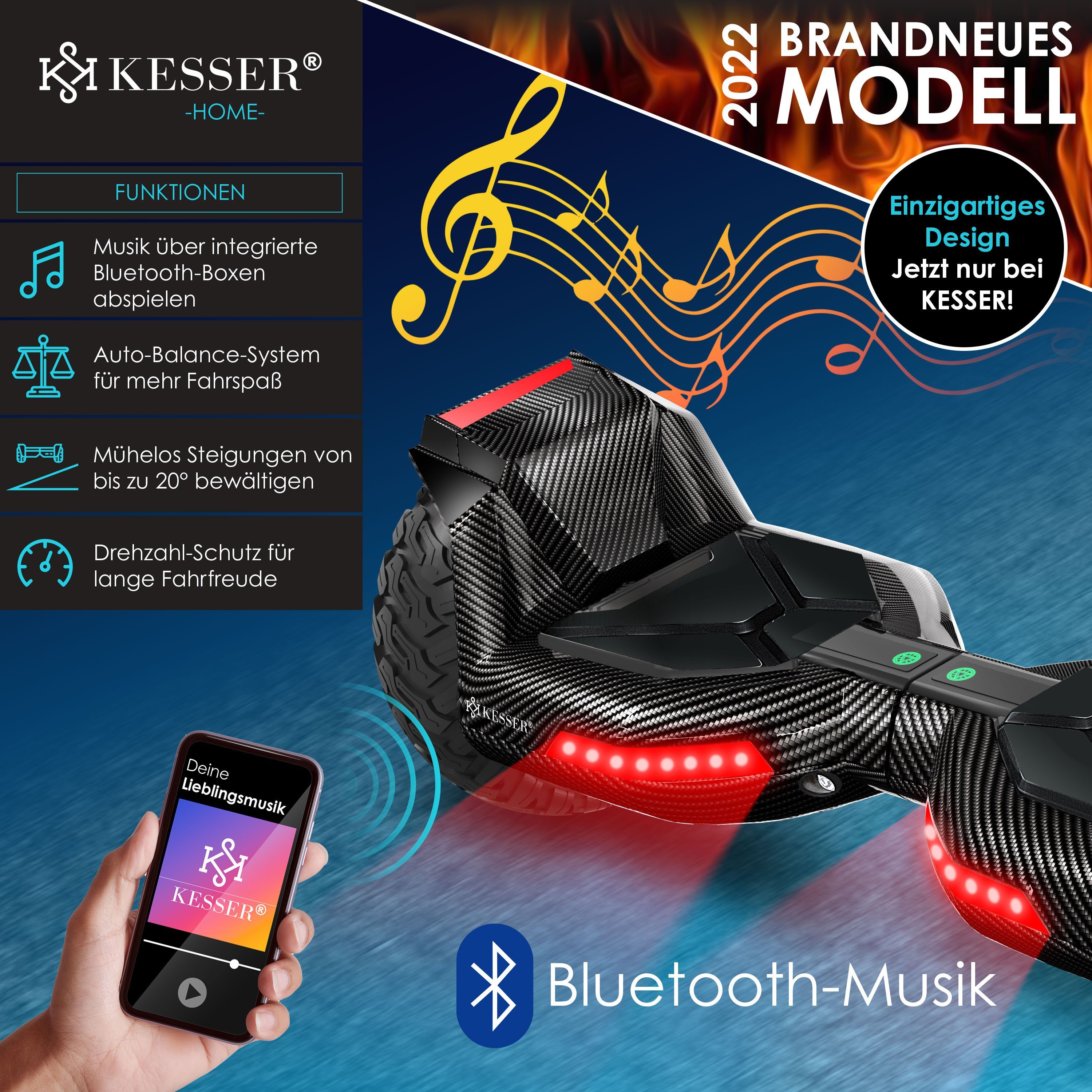 KESSER Balancetrainer, Hoverboard 8,5 Zoll Bluetooth mit Carbon LED 800 Lautsprecher, Licht