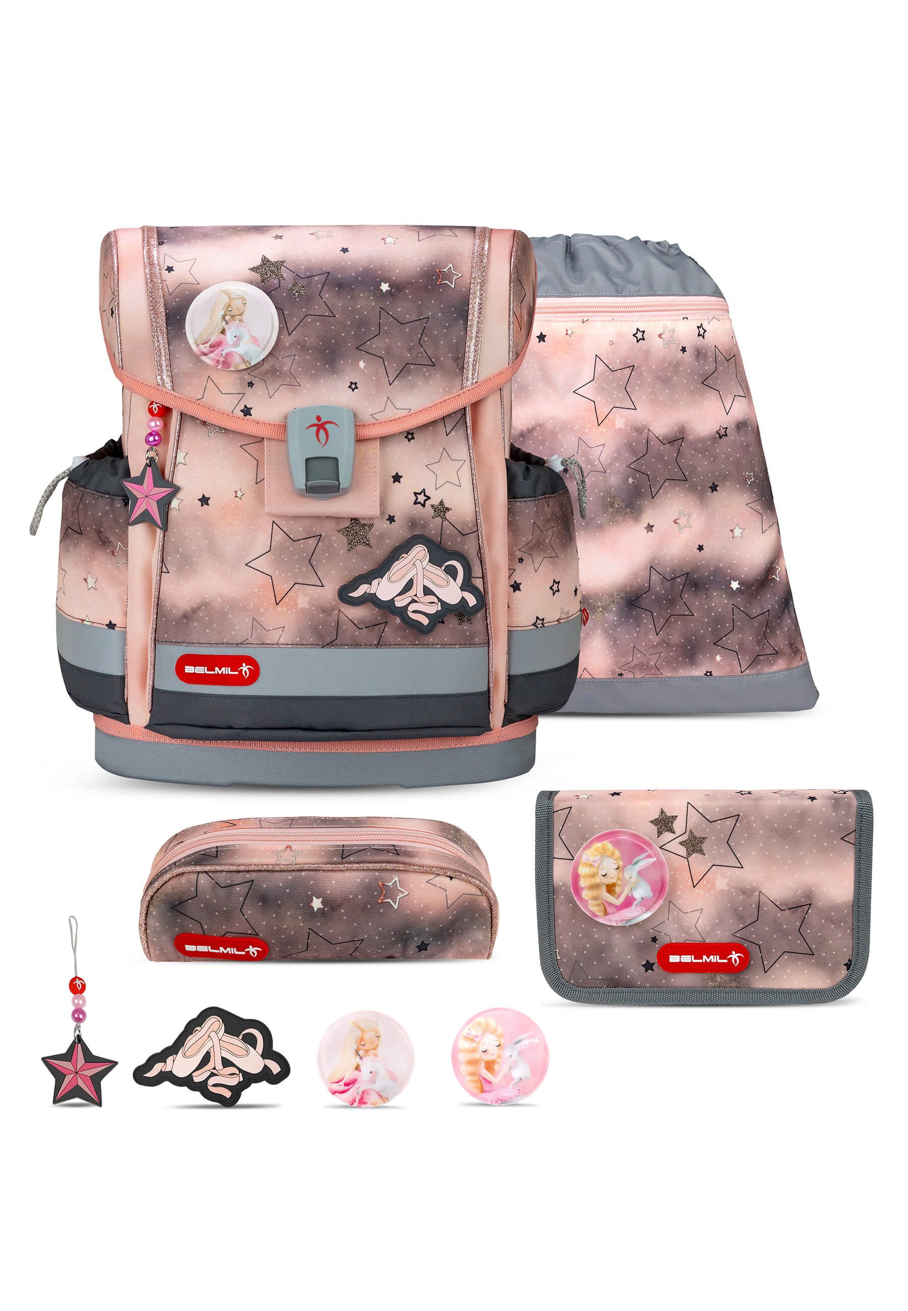 Belmil Schulranzen Classy Plus, Brustgurt,Magnetverschluss mit Patches (5-tlg., Schulranzen Set 5 tlg)
