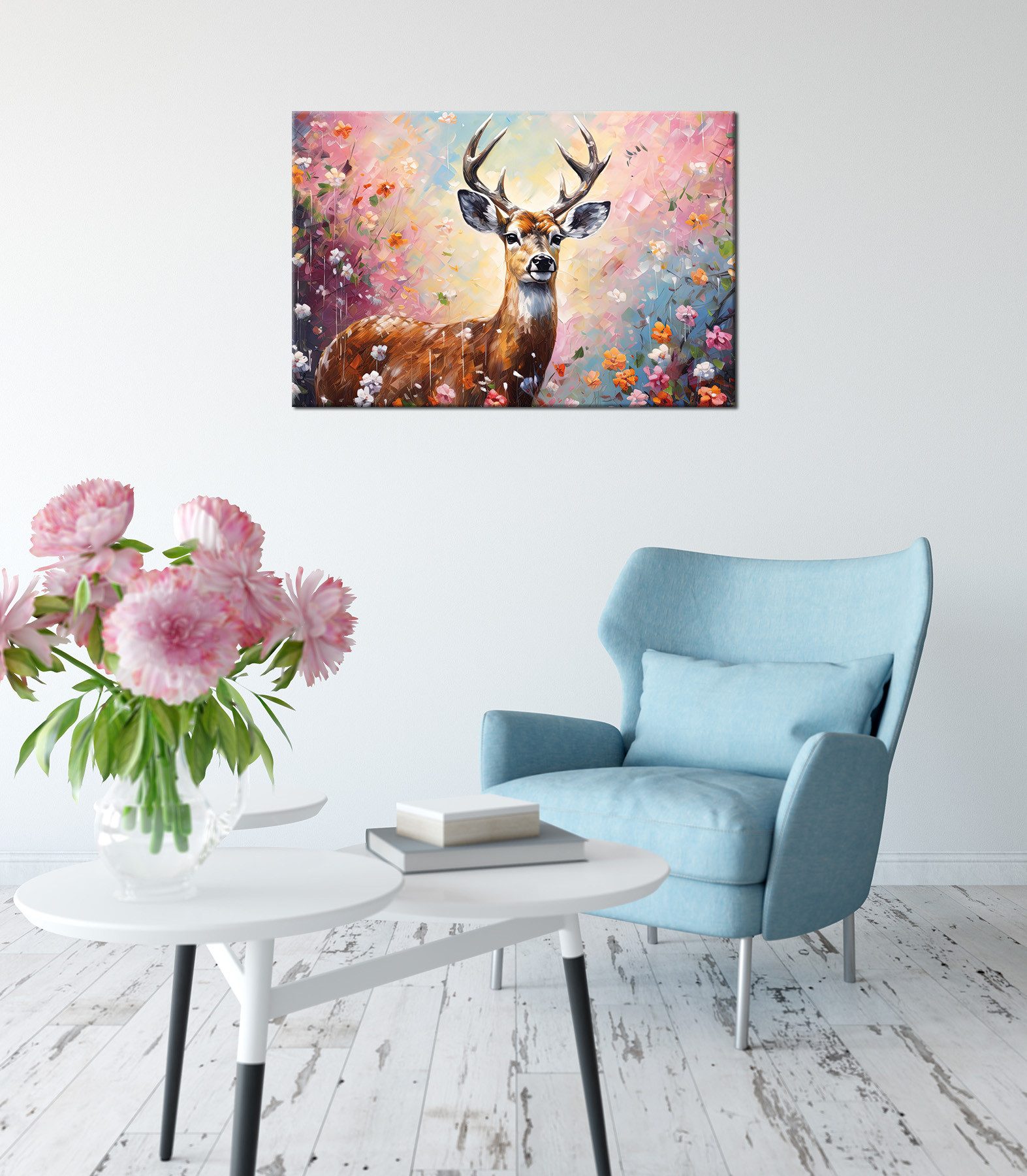 Bönninghoff Leinwandbild Wandbild HIRSCH IN BLUMEN 60x90 cm – Leinwandbild Keilrahmen Deko, Blumen, Hirsch, Wildtiere (1 St), auf Keilrahmen gespannt – Bild 5 von 5