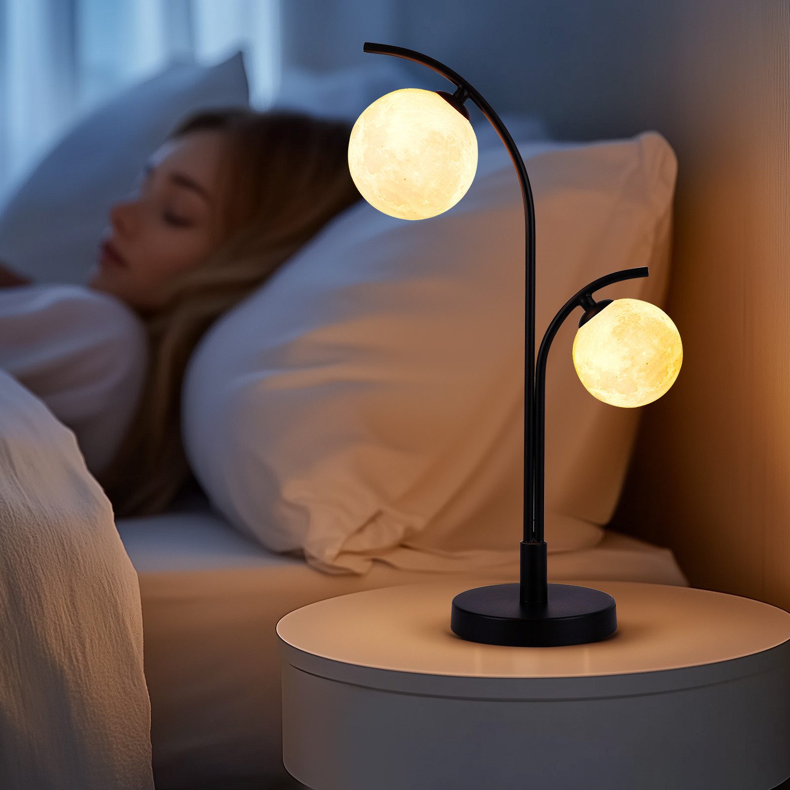 STANBOW Nachttischlampe LED Tischlampe Schreibtischlampe mit USB Ladenstation, Touch, Dimmbar, LED wechselbar, warmweiß, kaltweiß, Tischlampe mit Mond‑Oberflächen‑Optik – 3D‑gedruckte Kugelschirm