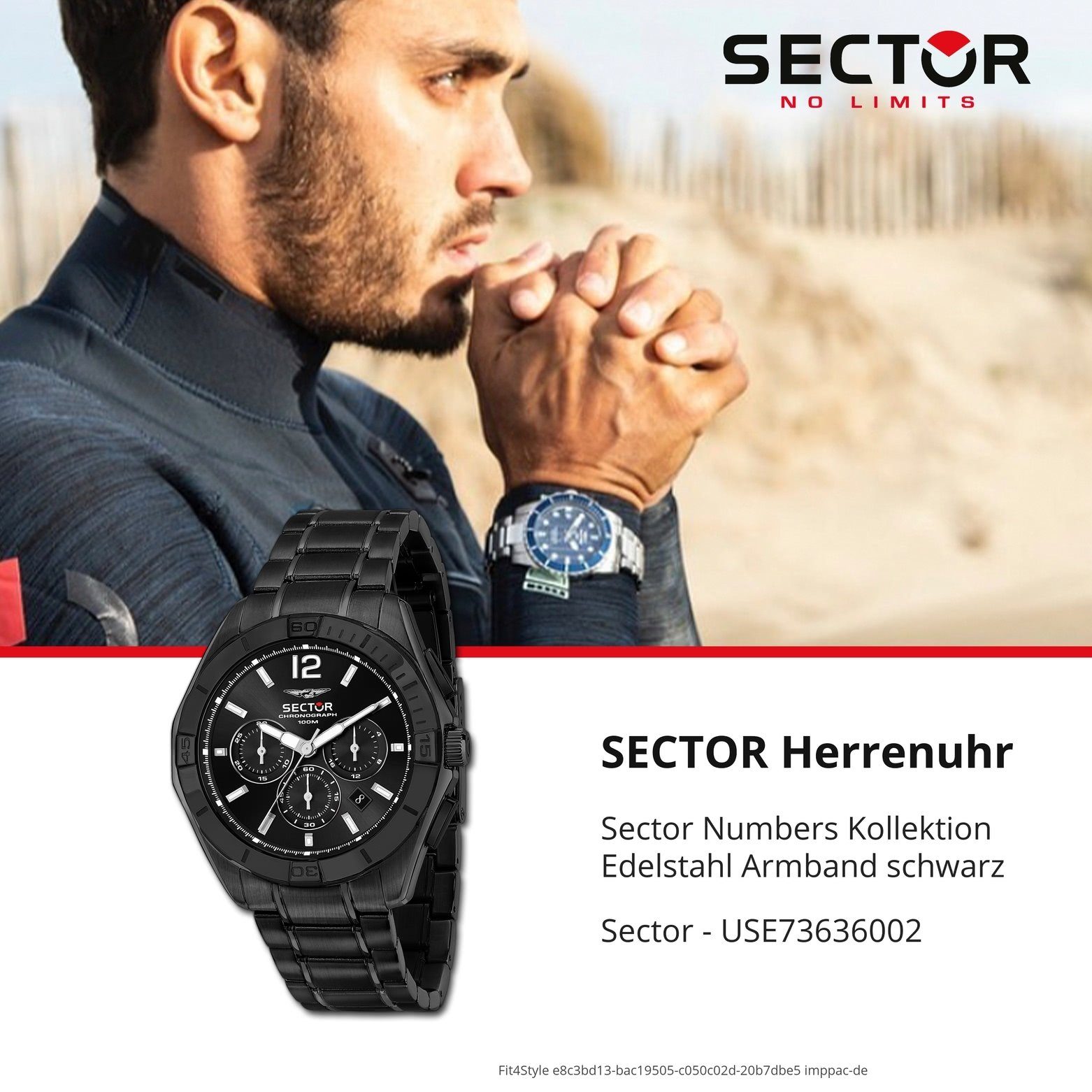 Sector Chronograph rund, schwarz, Edelstahlarmband Chrono, Armbanduhr Herren Sector groß Fashion (48mm) Armbanduhr Herren