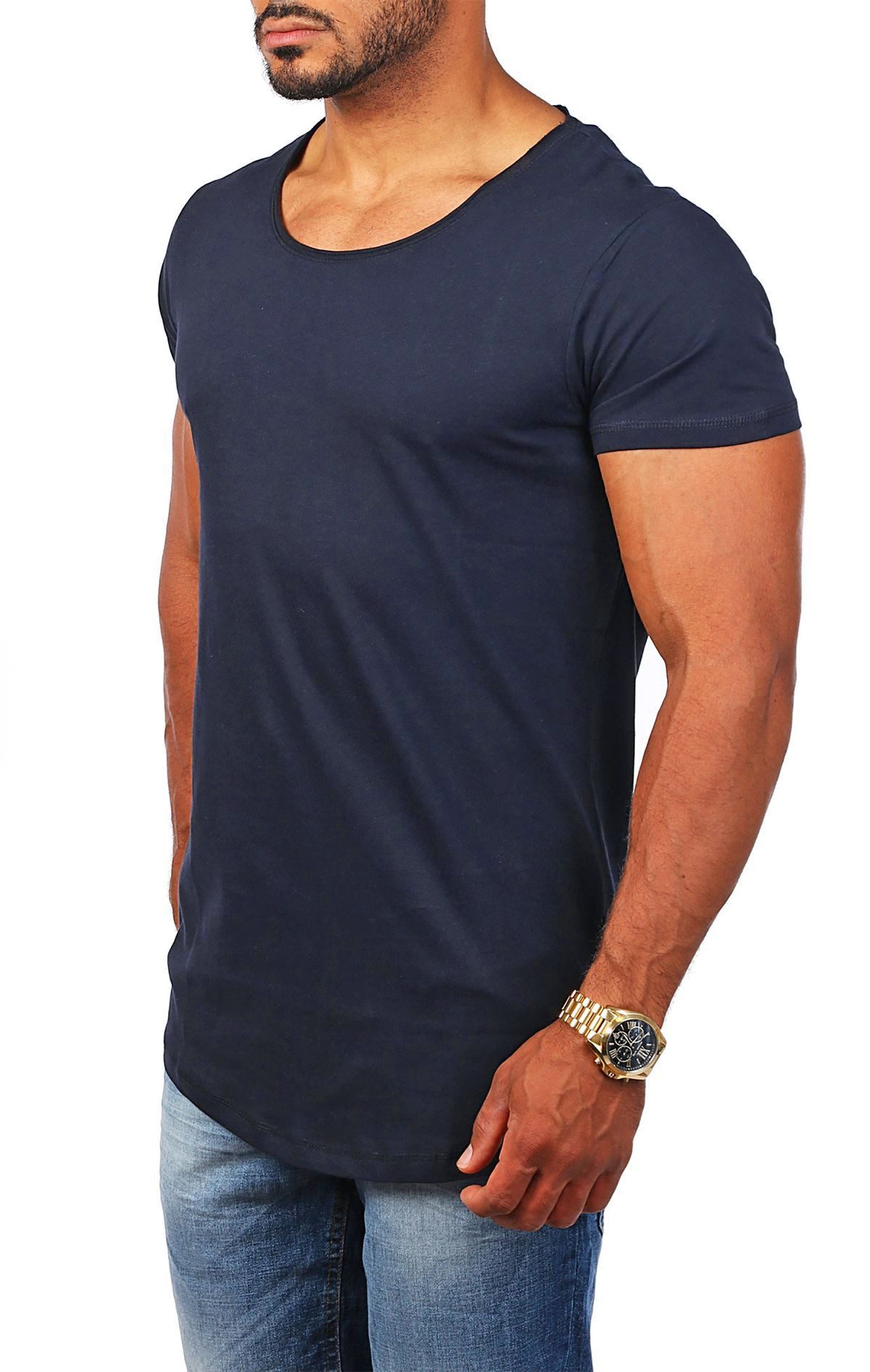 Young & Rich T-Shirt Herren Uni Basic 1702 tief-breit geschnittener Ausschnitt vintage Look (3er-Pack, 3-tlg., 3er-Pack) Rundhalsauschnitt unifarben kurzarm slim fit