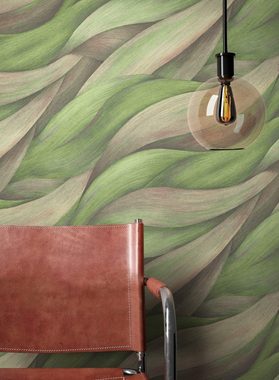 Newroom Vliestapete, Grün Tapete Modern Blätter - Mustertapete Abstrakt Wellen Muster für Wohnzimmer Schlafzimmer Küche