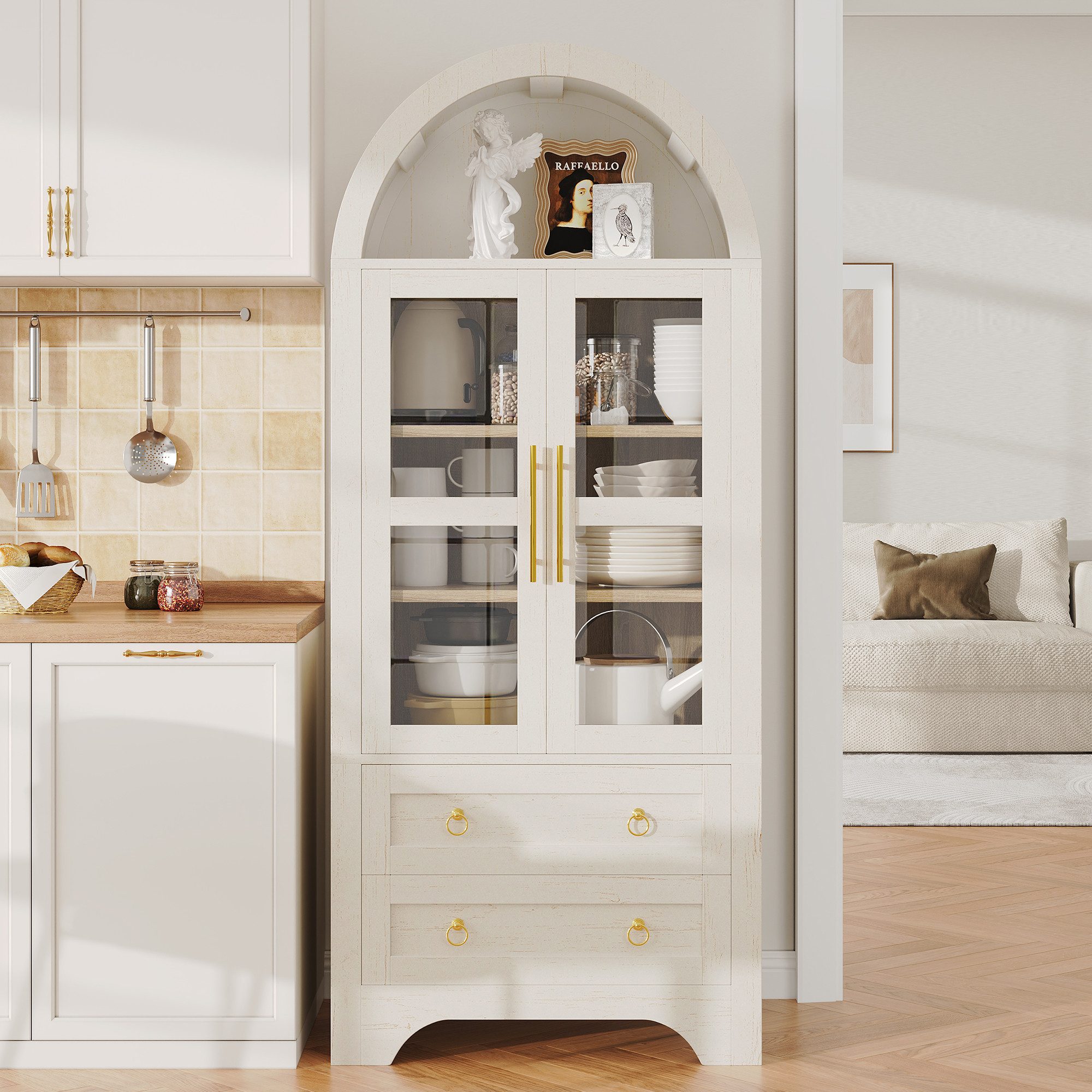 Celya Hochschrank Küchenschrank mit verstellbaren Regalböden und Schubladen (Highboard mit transparentem Glas und großem Stauraum)