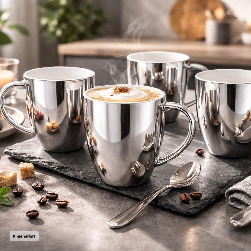 Neuetischkultur Tasse Becher Set silberfarben 4 teilig 250 ml mit Henkel, Keramik – Bild 3 von 3
