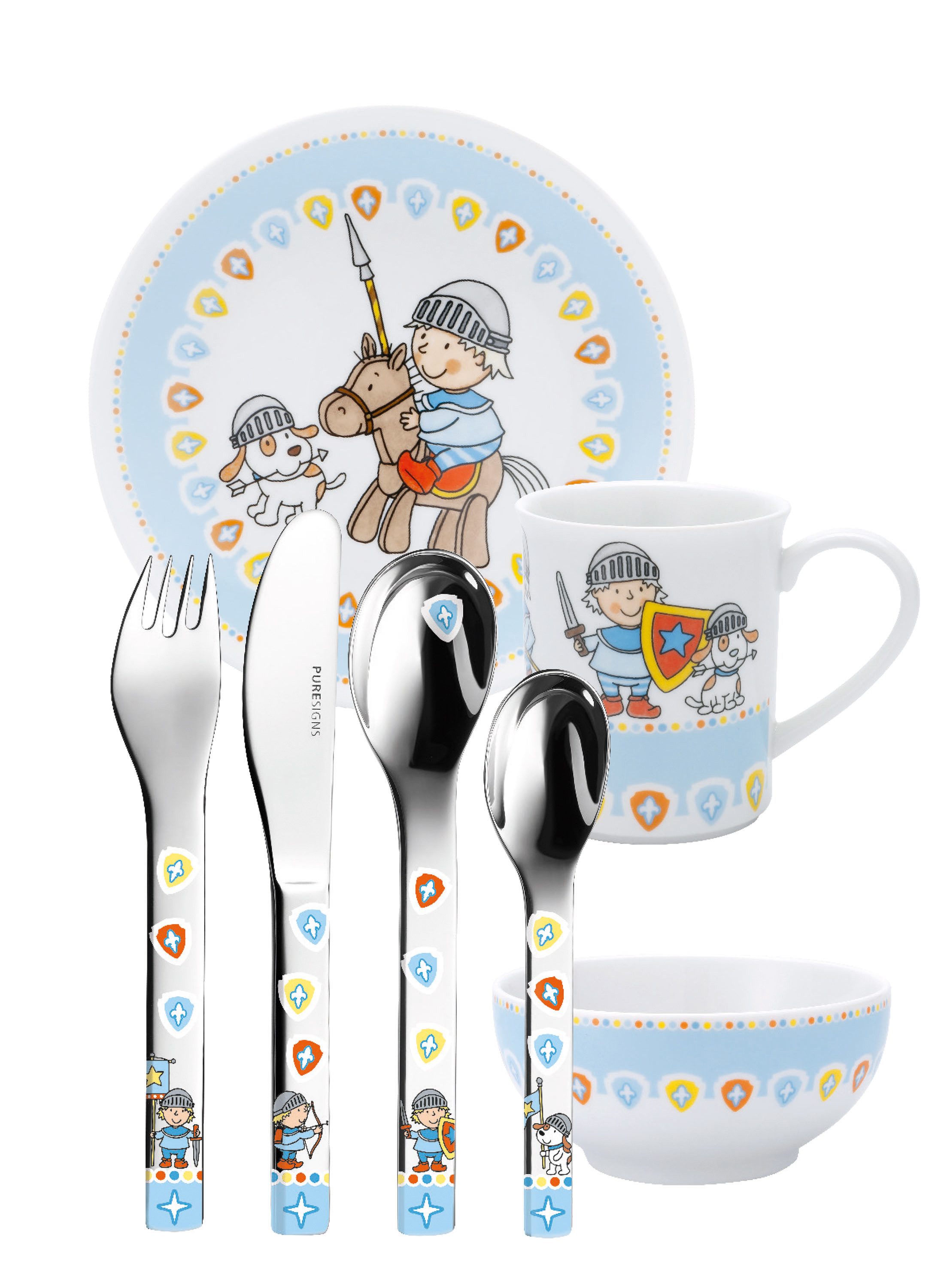 PURESIGNS Kindergeschirr-Set MIKO (7-tlg), 1 Personen, Edelstahl 18/10, Porzellan, Plastikfreier Essgenuss für die Kleinen