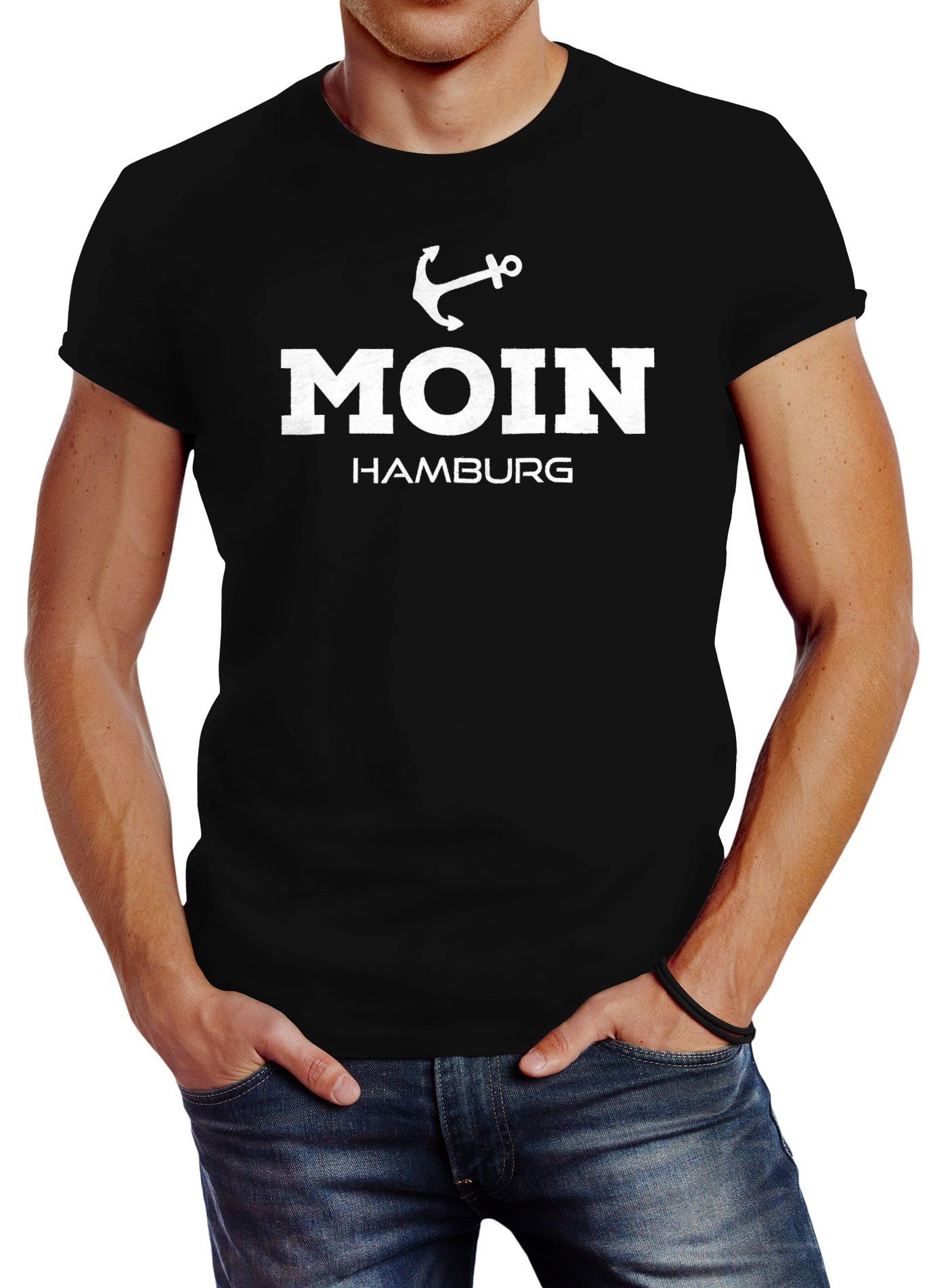 Hamburg Print Herren mit Neverless Neverless® schwarz Print-Shirt Moin Anker Slim Fit T-Shirt