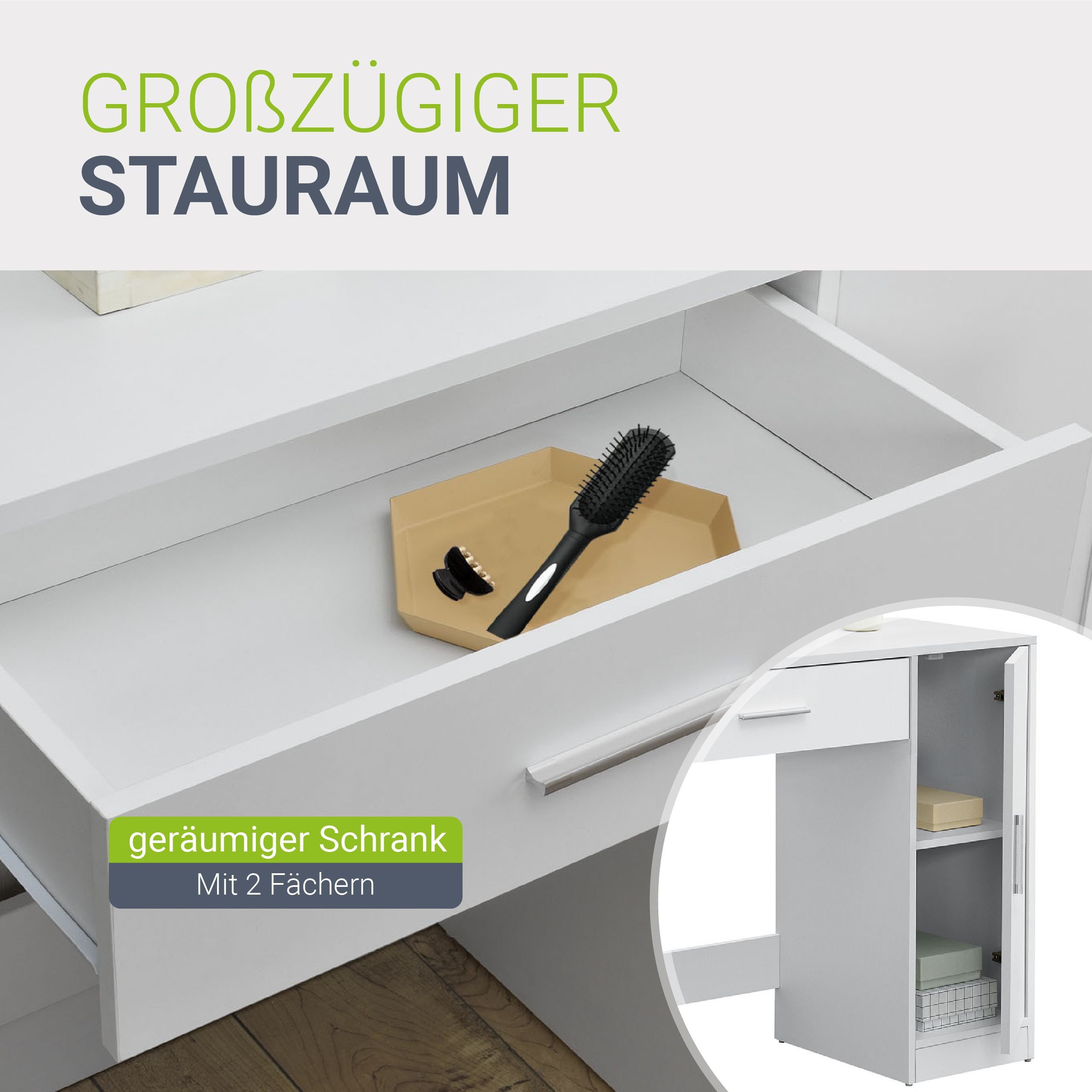 Juskys Schminktisch Zoey, mit LED-Beleuchtung, Spiegel, Schublade und Schrank