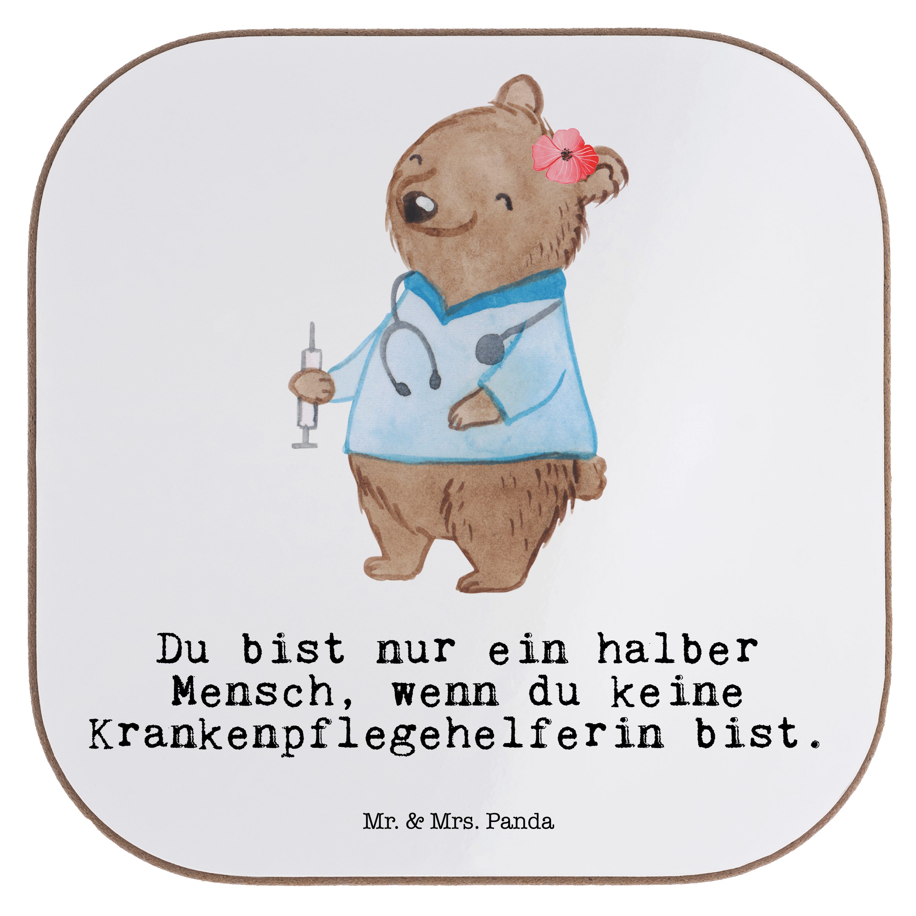 Mr. & Mrs. Panda Getränkeuntersetzer Krankenpflegehelferin mit Herz - Weiß - Geschenk, Bierdeckel, Mitarbe, 1-tlg.