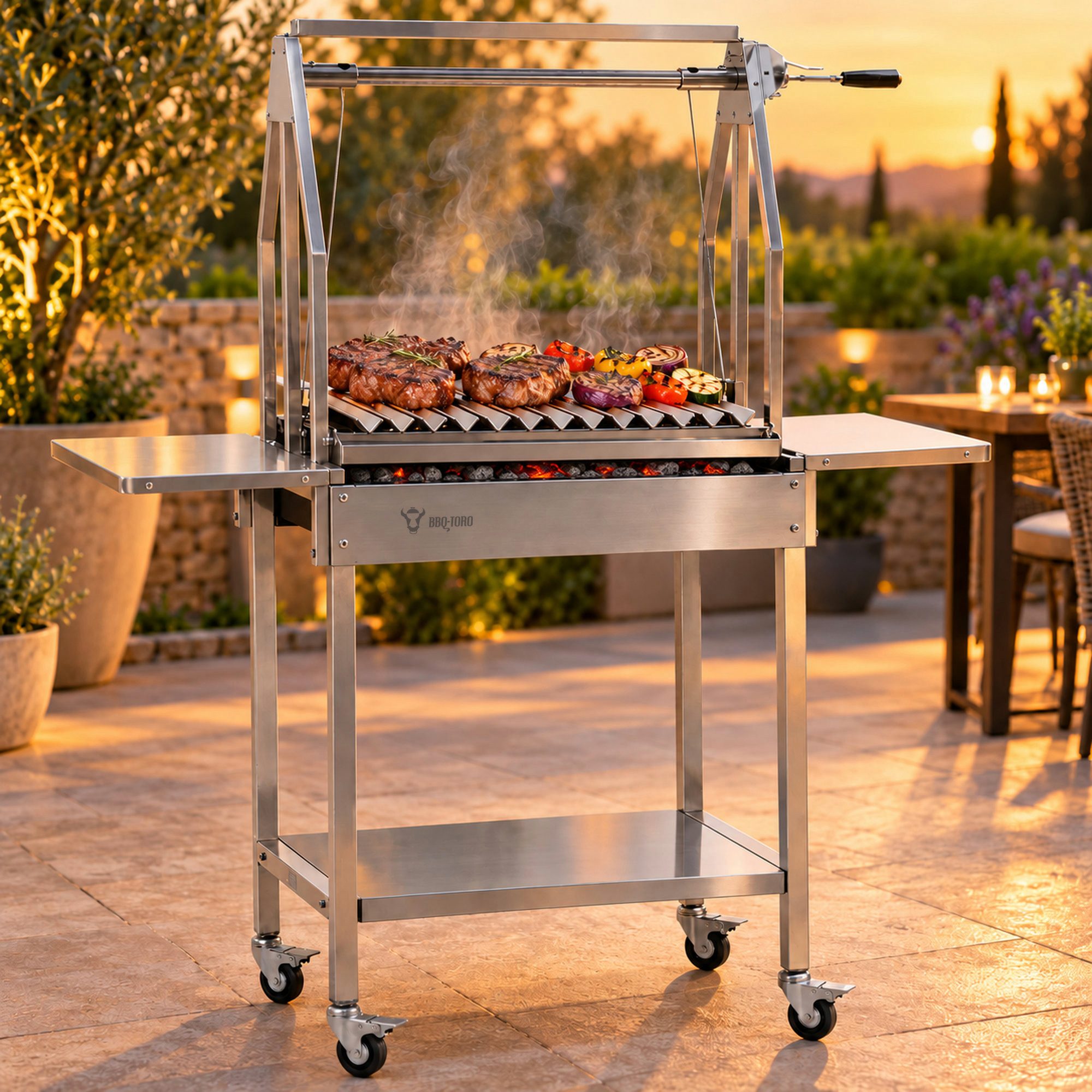 BBQ-Toro Holzkohlegrill Edelstahl Asado Grill, 119x45x135 cm, Argentinischer Holzkohlegrill, Stufenlos verstellbarer Grillrost – Bild 2 von 5
