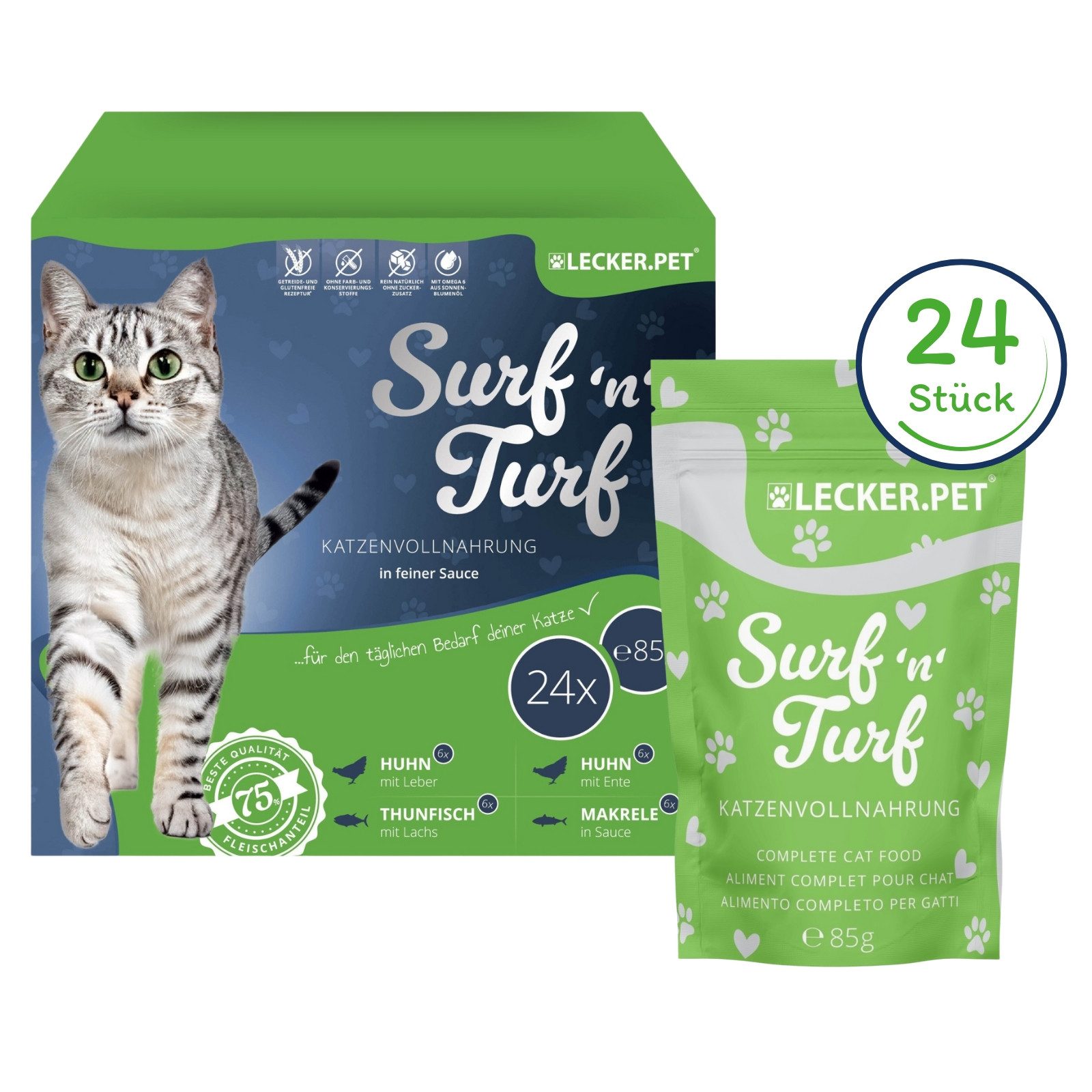 Lecker.Pet 24 x 85 g Lecker.Pet® Surf'n'Turf Pouches Katzenfutter in feiner Sauce Fisch, Nassfutter für: Katze