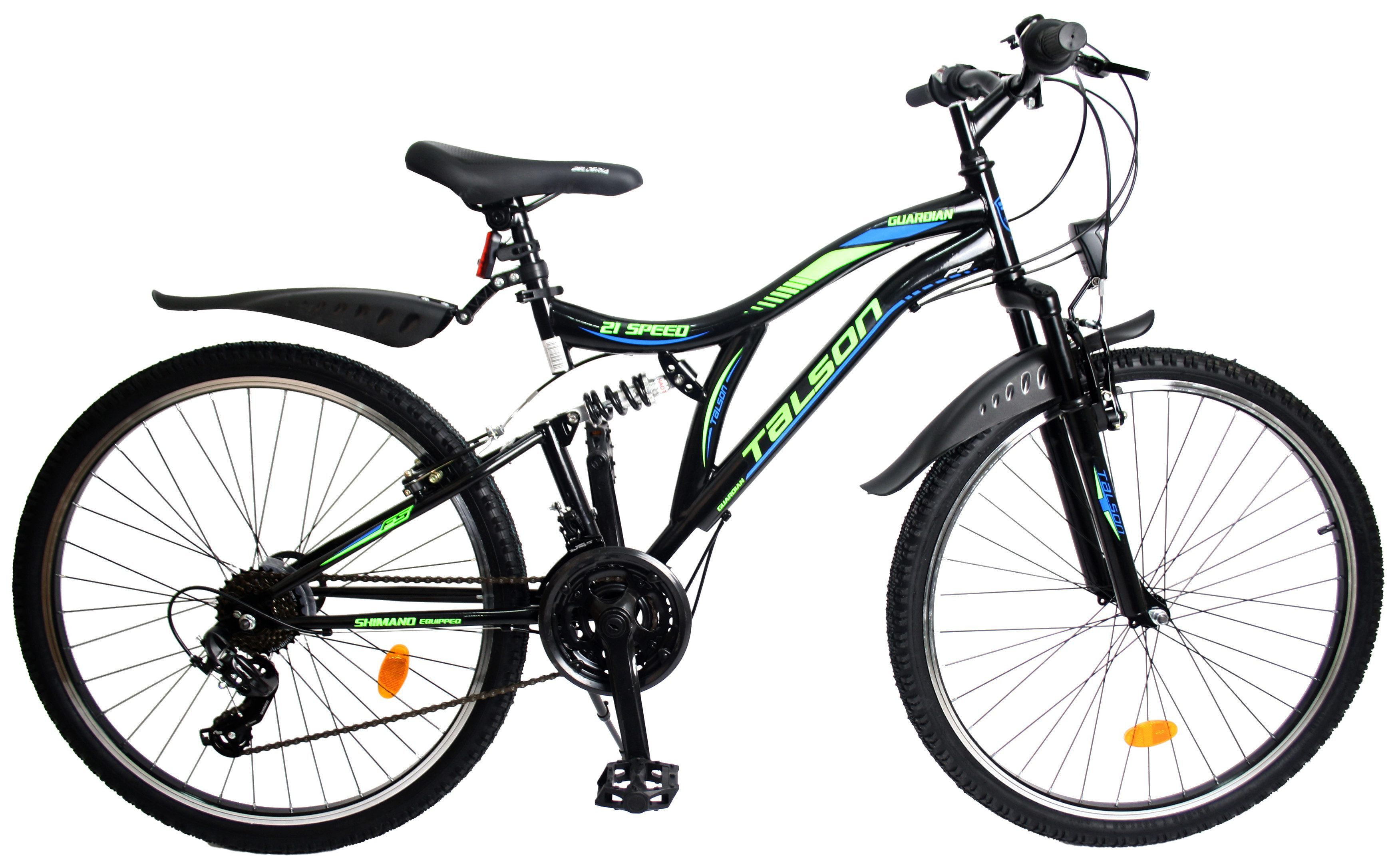 Talson Mountainbike 26 Zoll Guardian, 21 Gang Shimano, Kettenschaltung, mit Beleuchtung nach StVZO und Vollfederung Schwarz