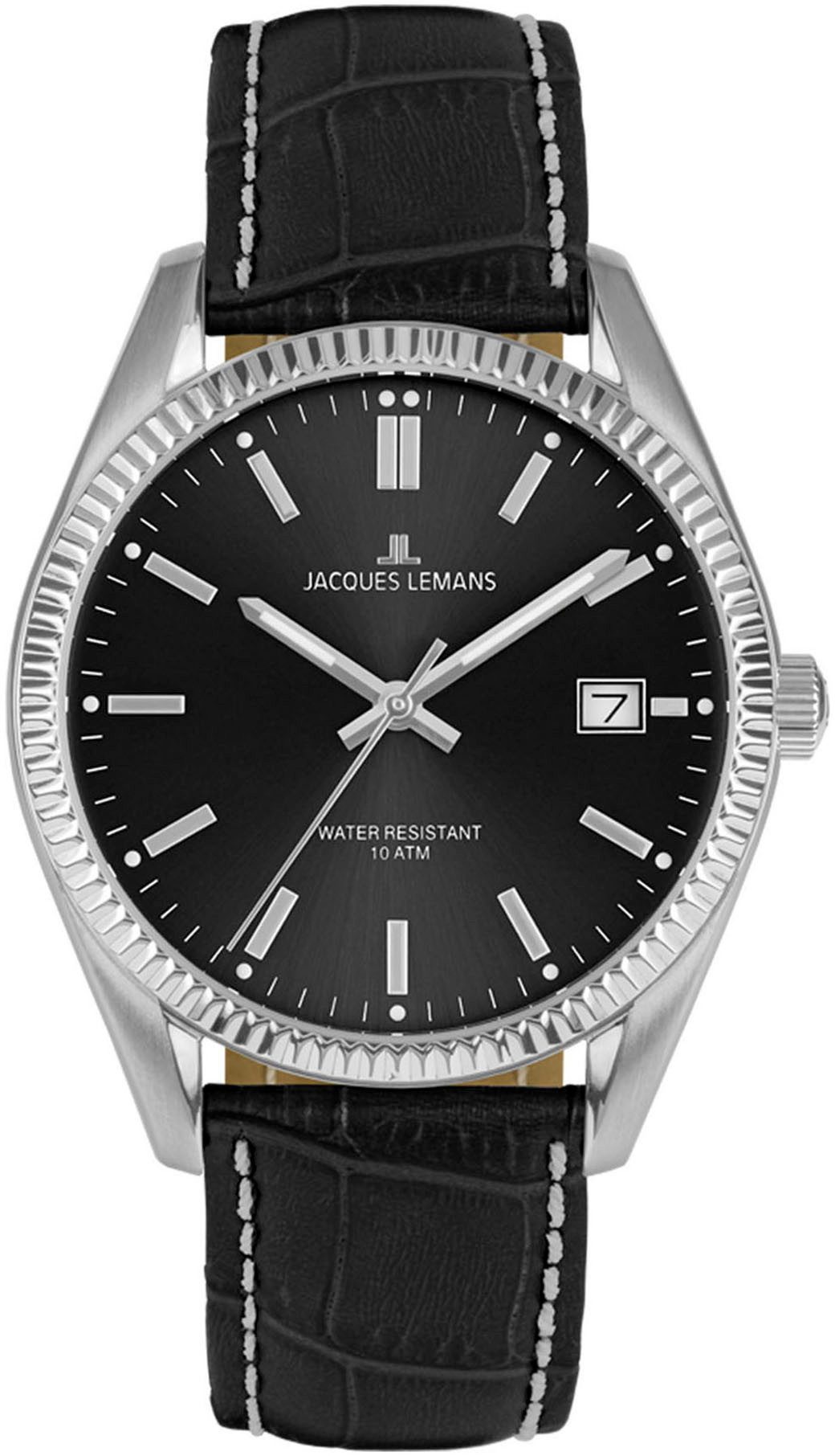 Jacques Lemans Quarzuhr Derby 50-3P, Armbanduhr, Herrenuhr, Damenuhr, Lederarmband, Datum