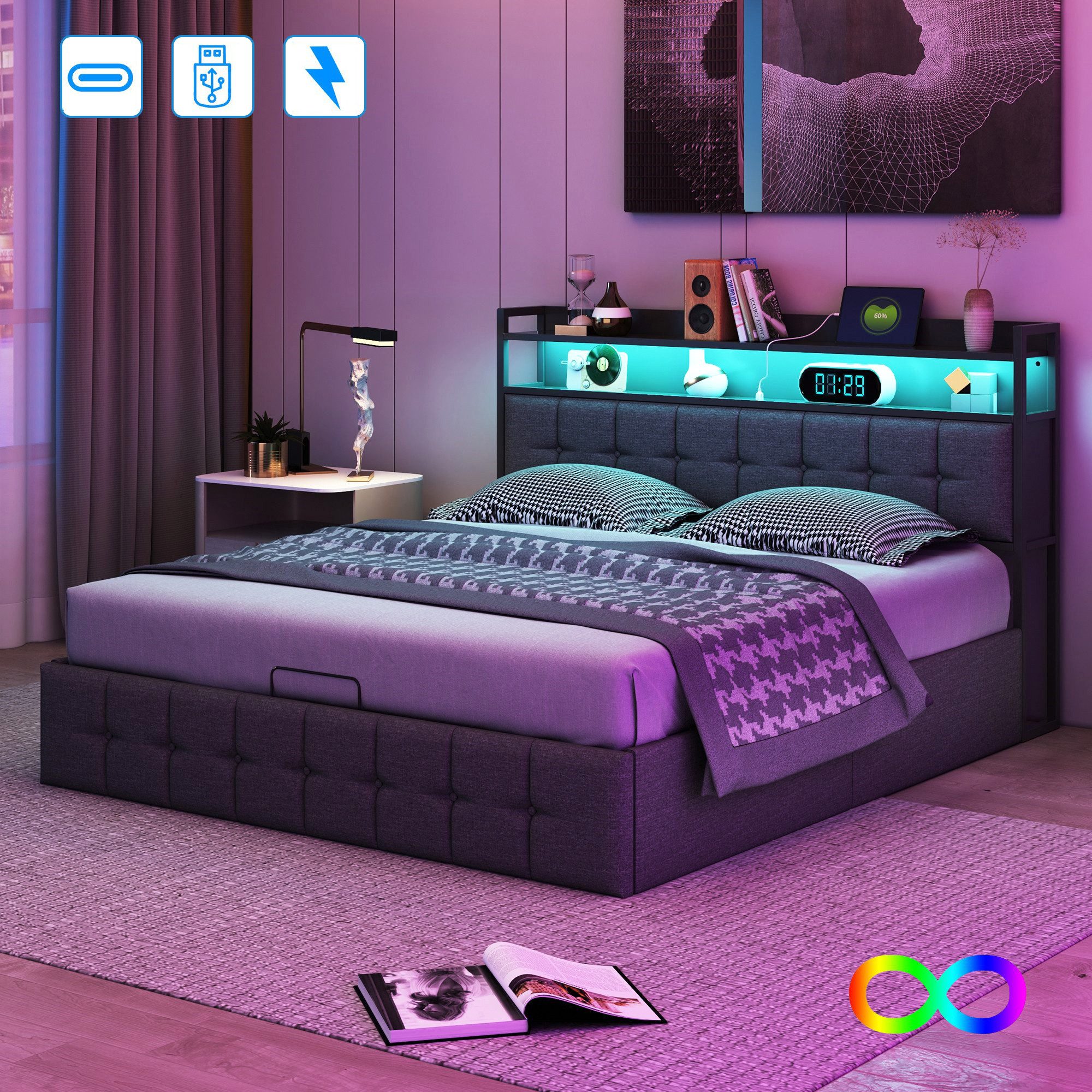 Furnishings Home Stauraumbett Polsterbett Doppelbett LED USB (1 tlg., hydra günstig online kaufen