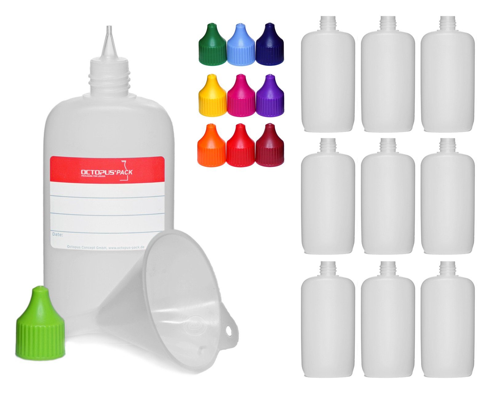 OCTOPUS Kanister 10 Ovalflaschen HDPE natur mit Deckel (mehrfarbig gemischt) 100ml (10 St)