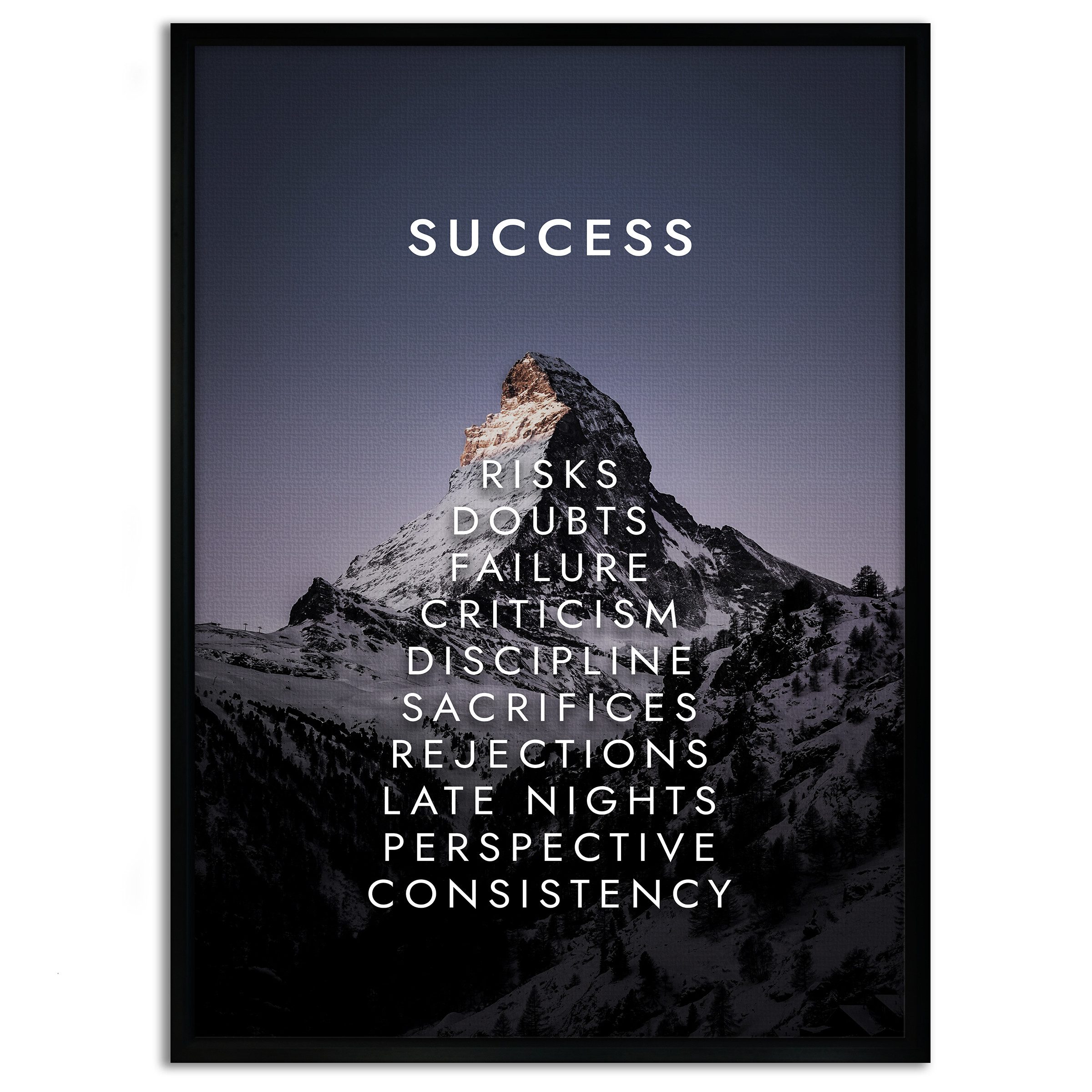 SimpleCanvas Wandbild Mountain of Success V2 - Leinwandbild Motivation, Wandbild Berg des Erfolgs, Sprüche, Ziele