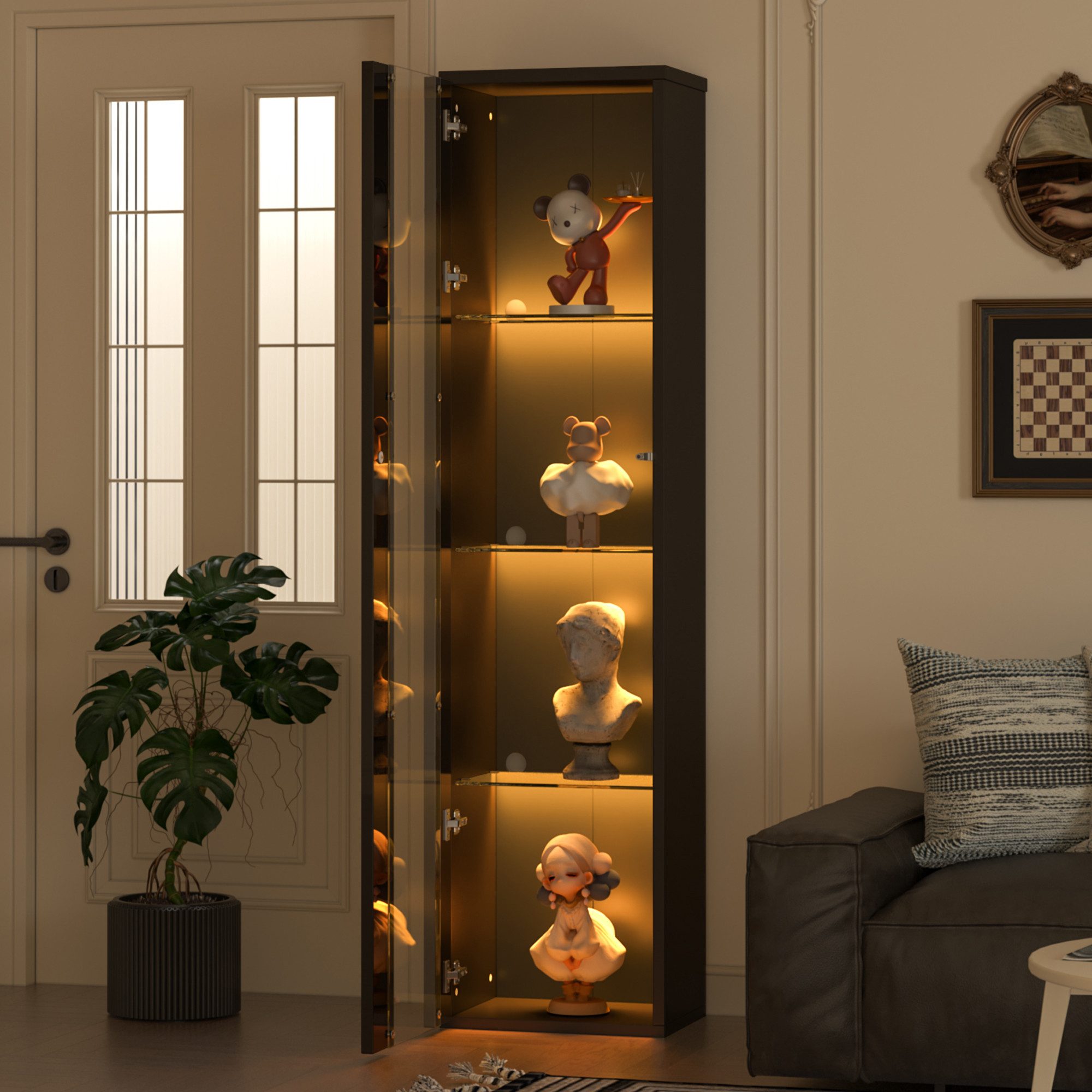 MODFU Vitrine mit LED-Beleuchtung (Fernbedienung/App-Steuerung, transparentem Design und Acrylplatte – Moderne Präsentation für Sammlerstücke, Dekoration und Büro) LED-Farbwechsellicht