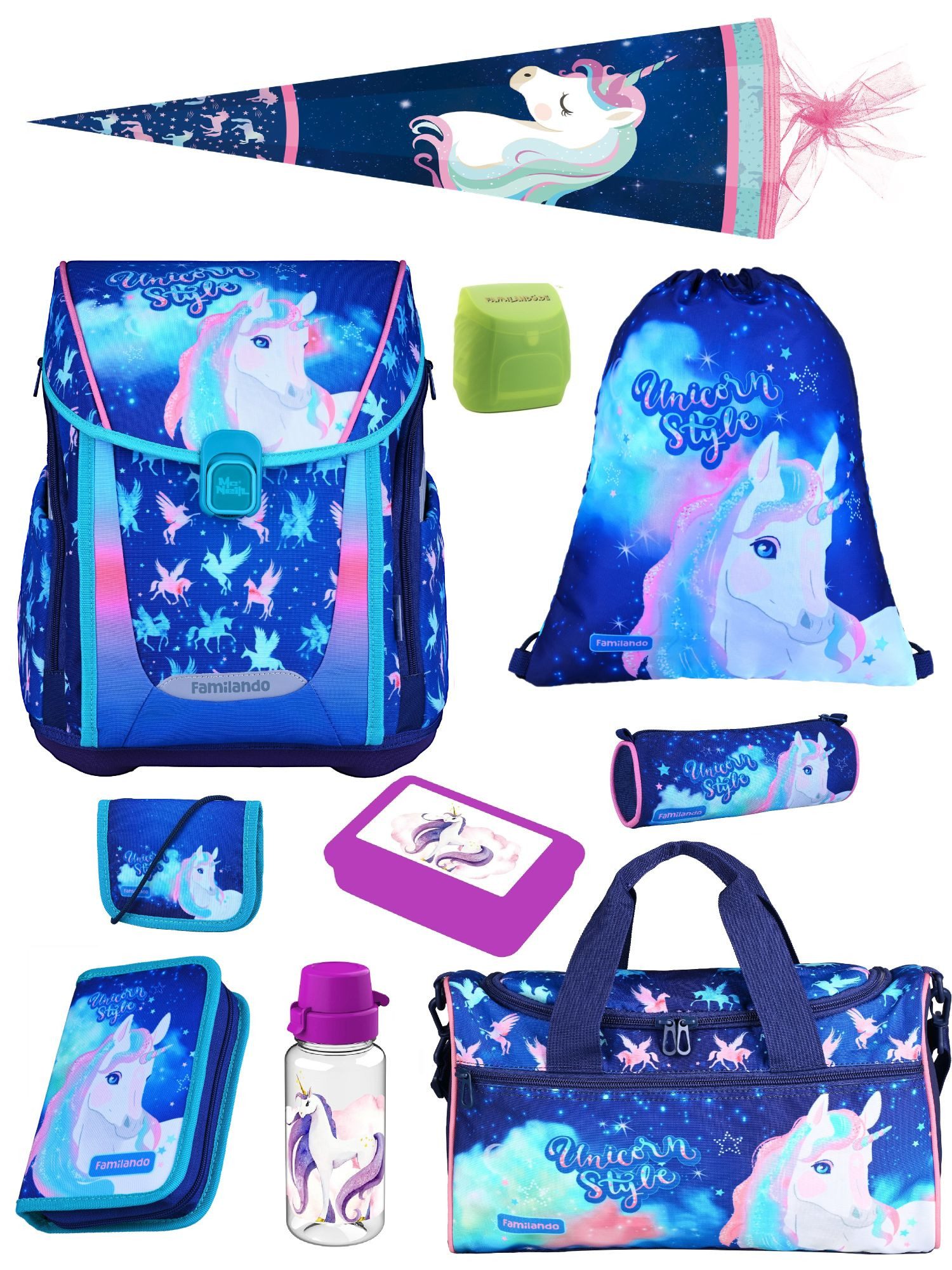 Familando Schulranzen Unicorn Einhorn Schultasche, Pferde, blau, rosa, ab 1. Klasse (Set, 10-tlg., inkl. Sporttasche und Schultüte / Zuckertüte 85cm), mit Brustgurt, 1.000 Gramm leicht, 20L Volumen