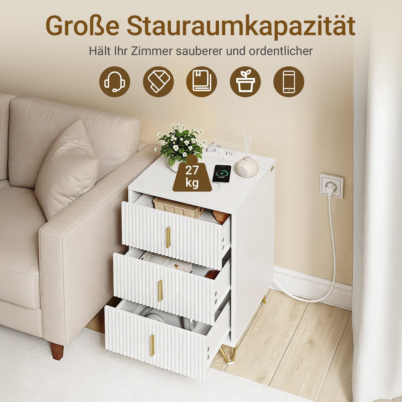 SoBuy Nachttisch FBT115-E, Nachttisch, Nachtschrank Beistelltisch Sofatisch Couchtisch, Nachttisch mit 2 Steckdosen, USB und Type-C, 2/3 Schubladen