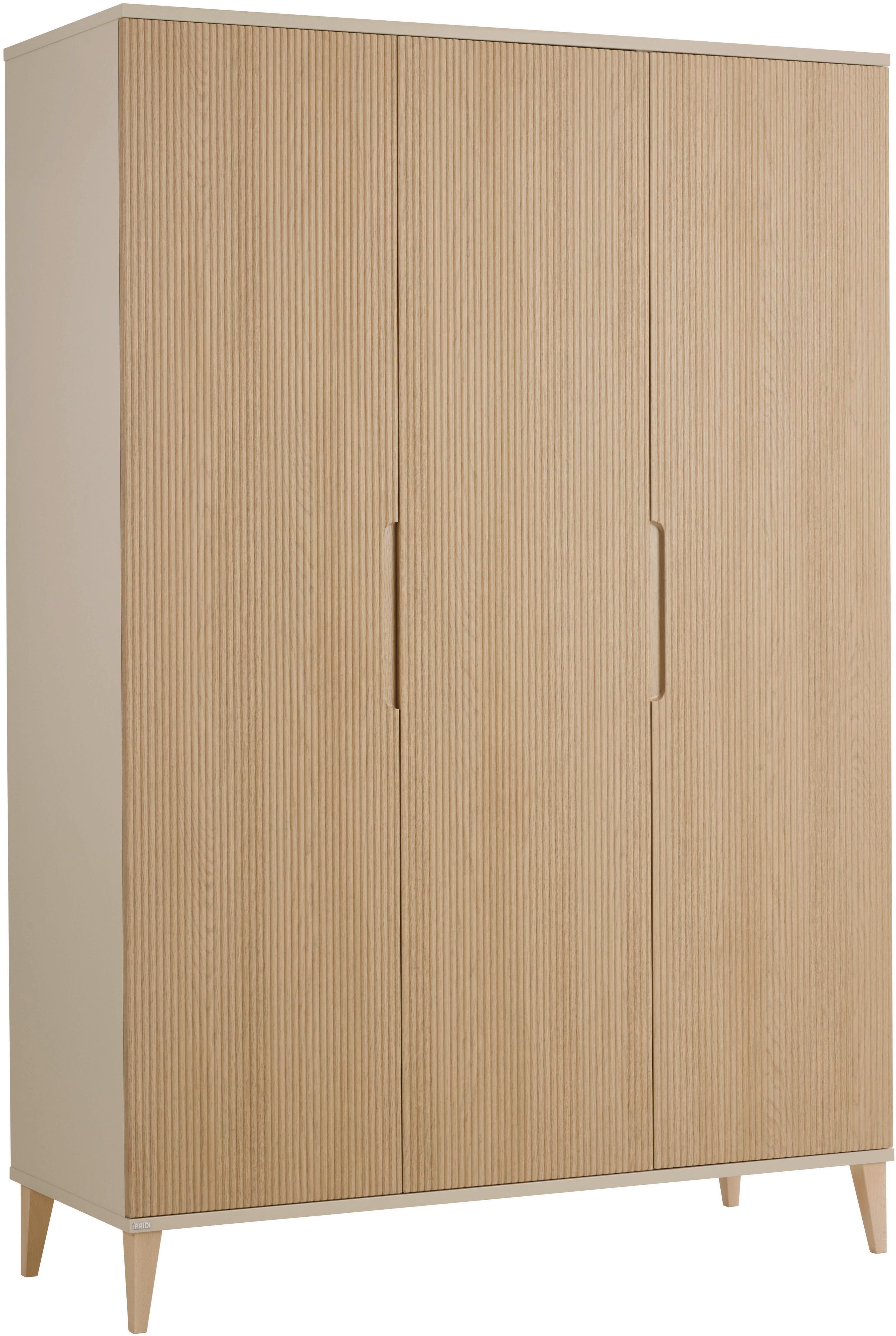 PAIDI Kleiderschrank JONTE in Beige & Eichefarben mit gerillten Türen, verschiedene Größen (B/H/T ca. 95-141/164-207/40-56cm, mit 2 oder 3 Türen + Tiny-Variante) stabiler Drehtürenschrank mit Massivholz-Füßen, Soft-Close-Funktion