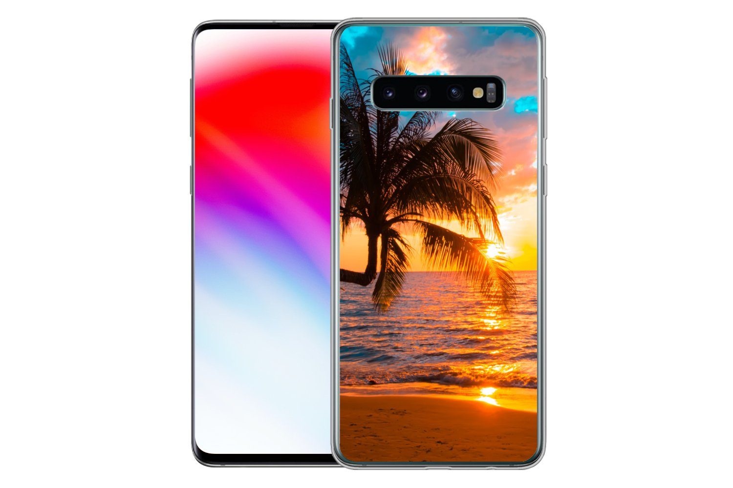 MuchoWow Handyhülle für Samsung Galaxy S10 Palme - Sonnenuntergang - Horizont - Strand - M, Phone Case, Silikon, Schutzhülle Dünn