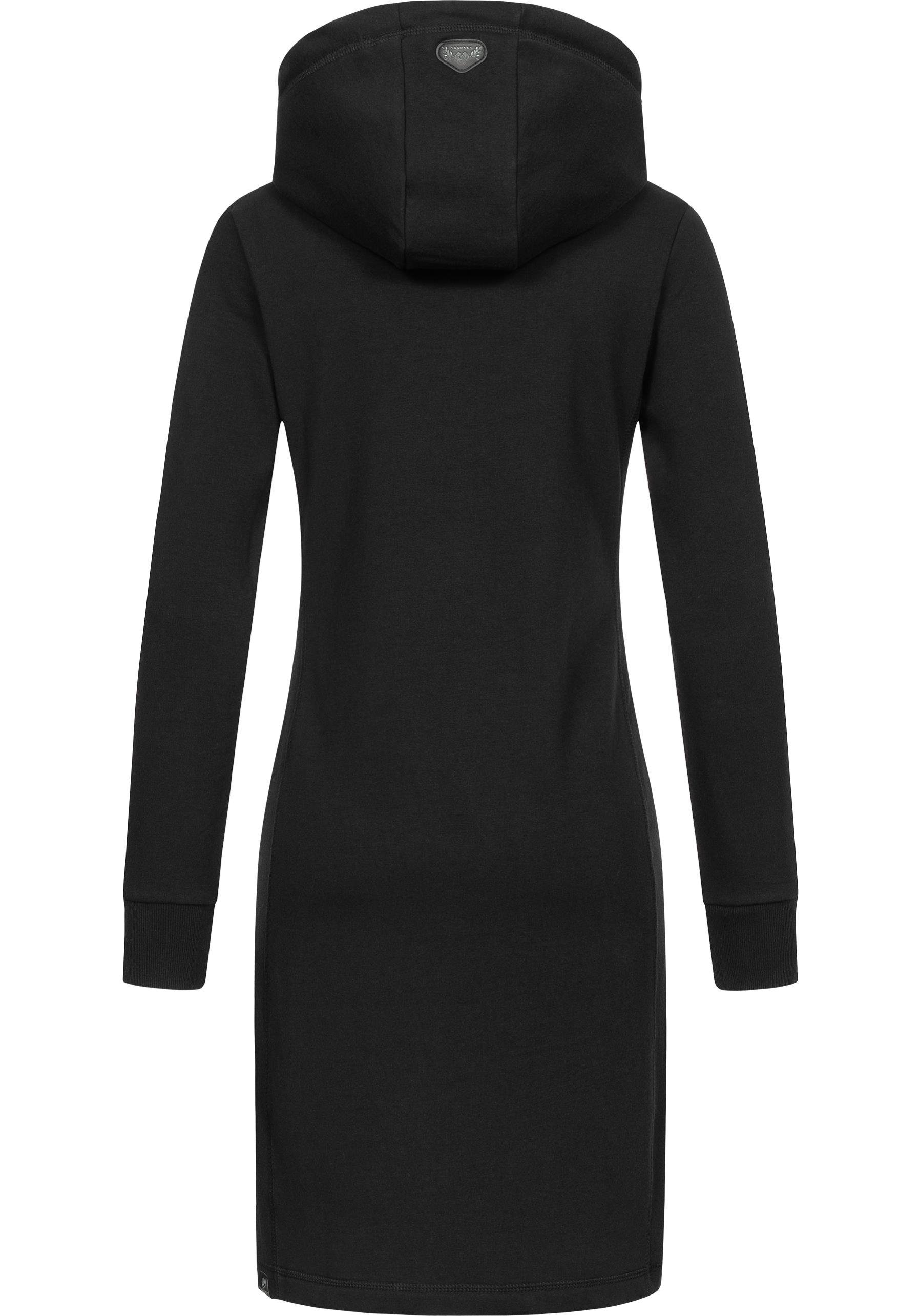 Kapuze Ragwear schwarz mit Langärmliges Sabreen Sweatkleid Baumwoll Kleid