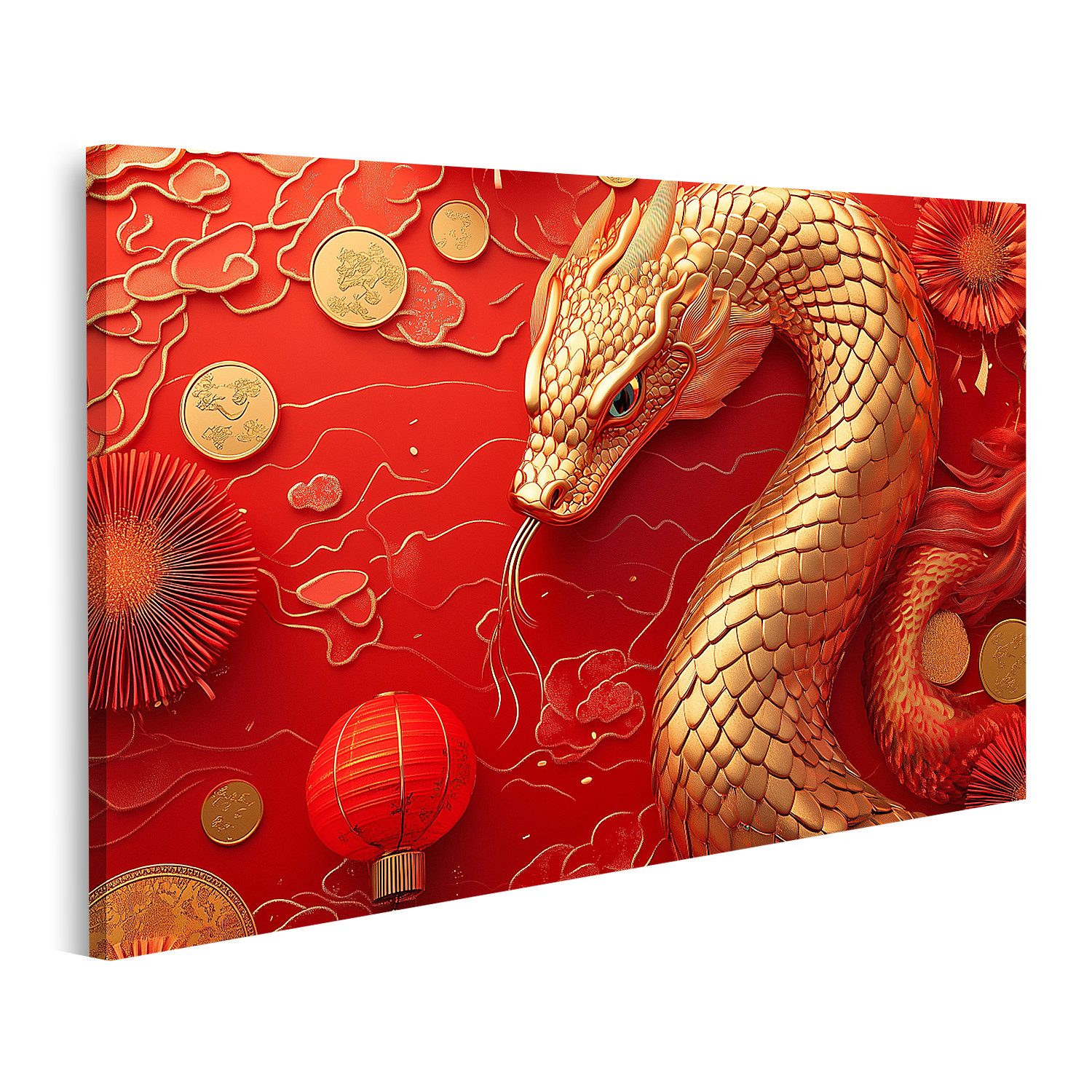 islandburner Leinwandbild, Goldener Drache mit Münzen und rotem Hintergrund günstig online kaufen