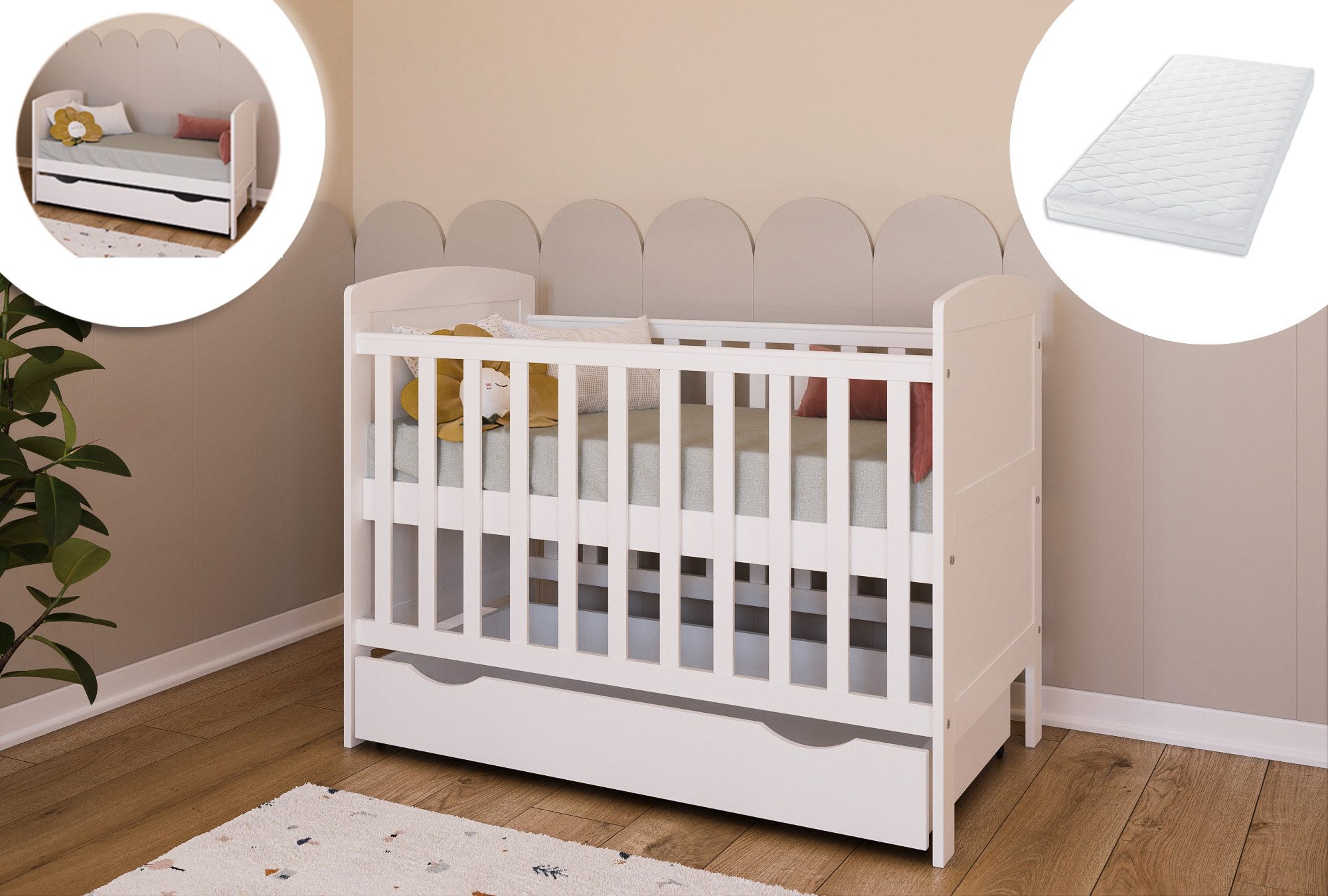 Babybett Kinderbett 70x140 cm mit Matratze umbaubares Gitterbett